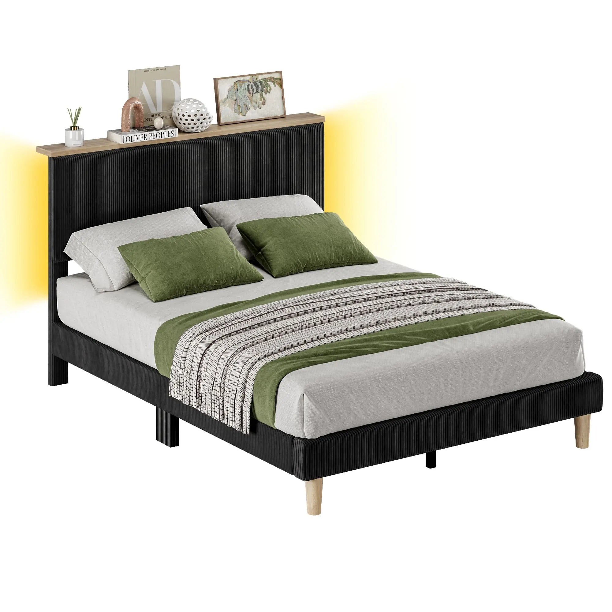 the black queen size bed frame with headboard in the white background