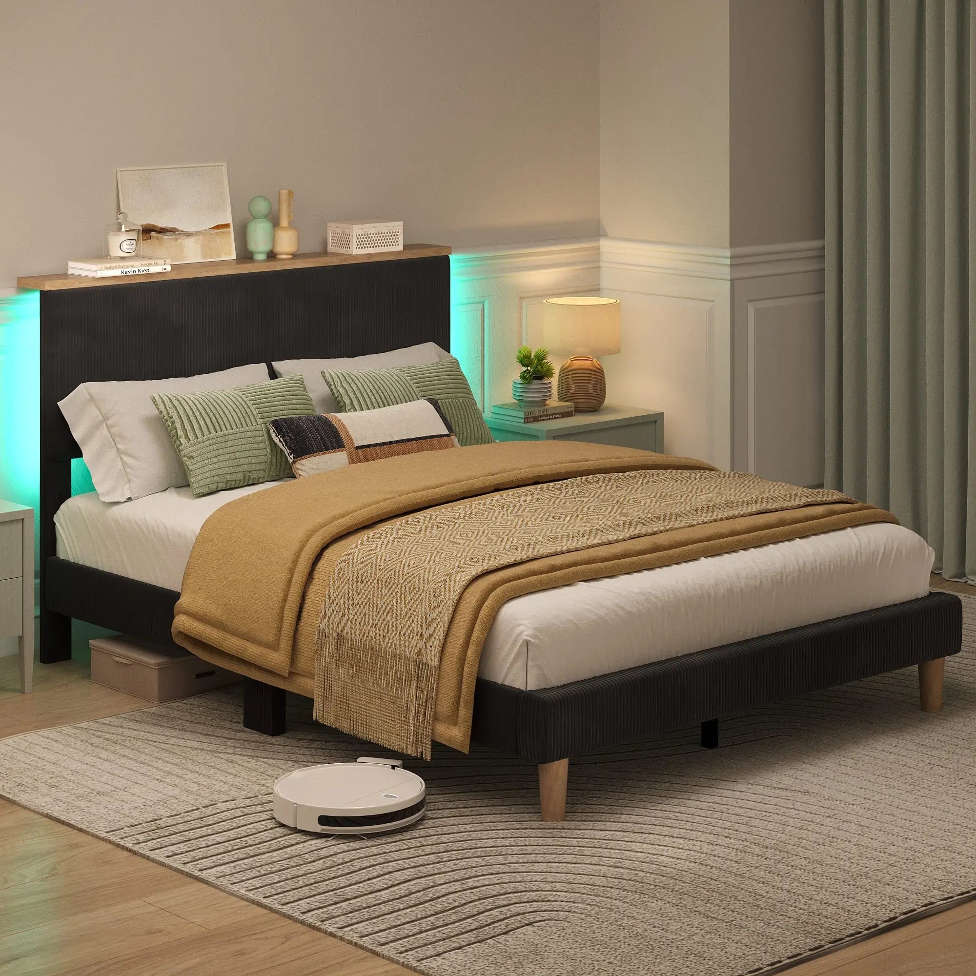 the black queen size bed frame with headboard in a room