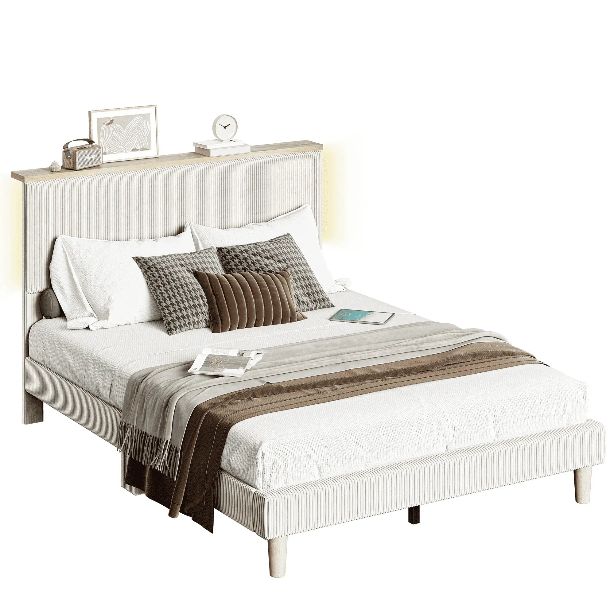 the white queen size bed frame with headboard in the white background