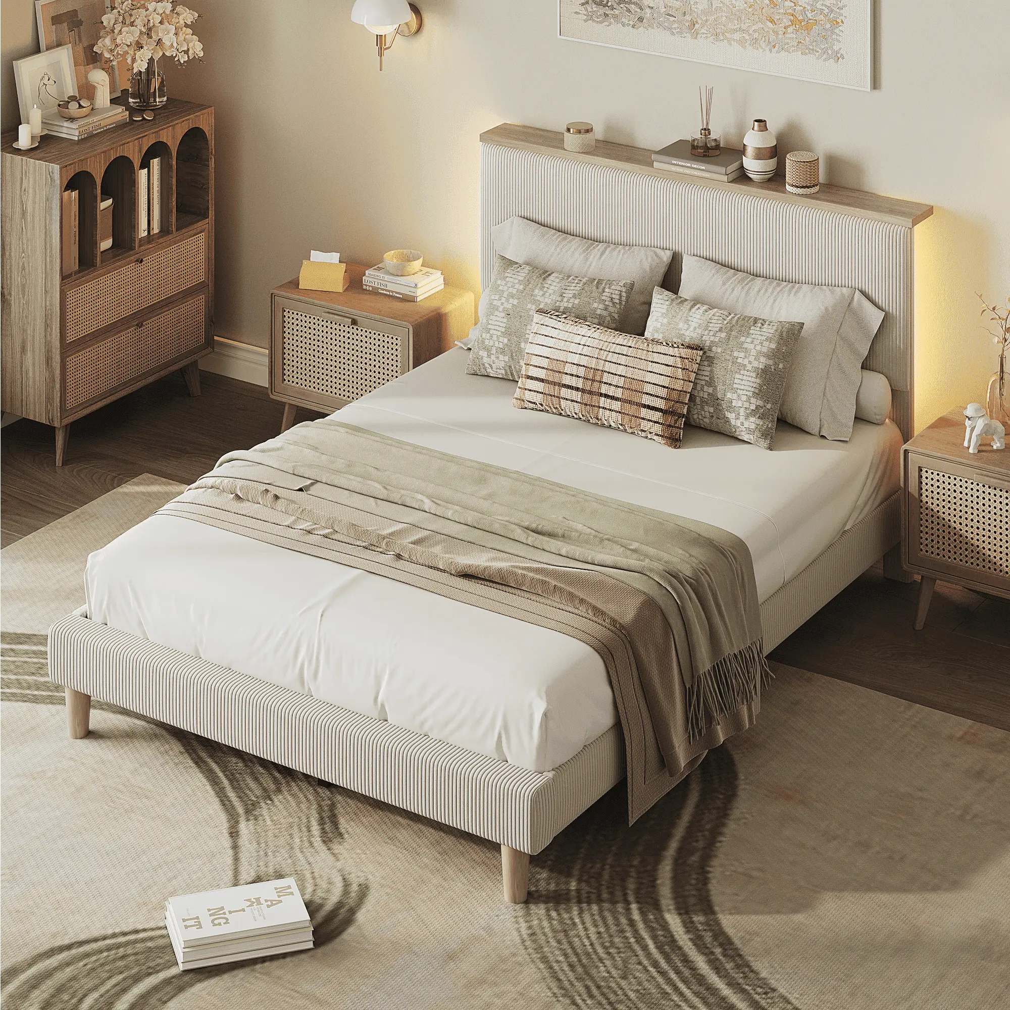 the white queen size bed frame with headboard in a room