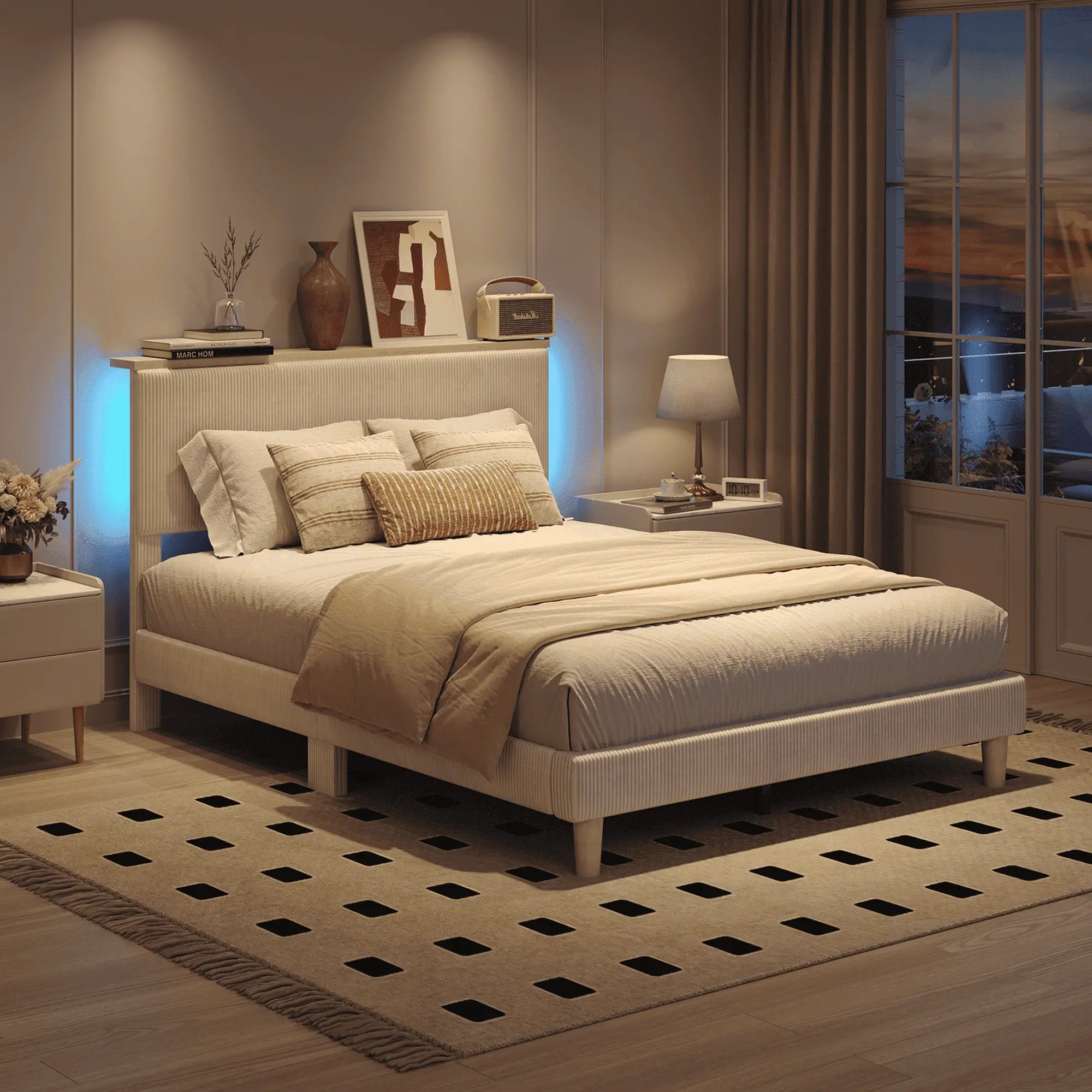 the white queen size bed frame with headboard in a bedroom