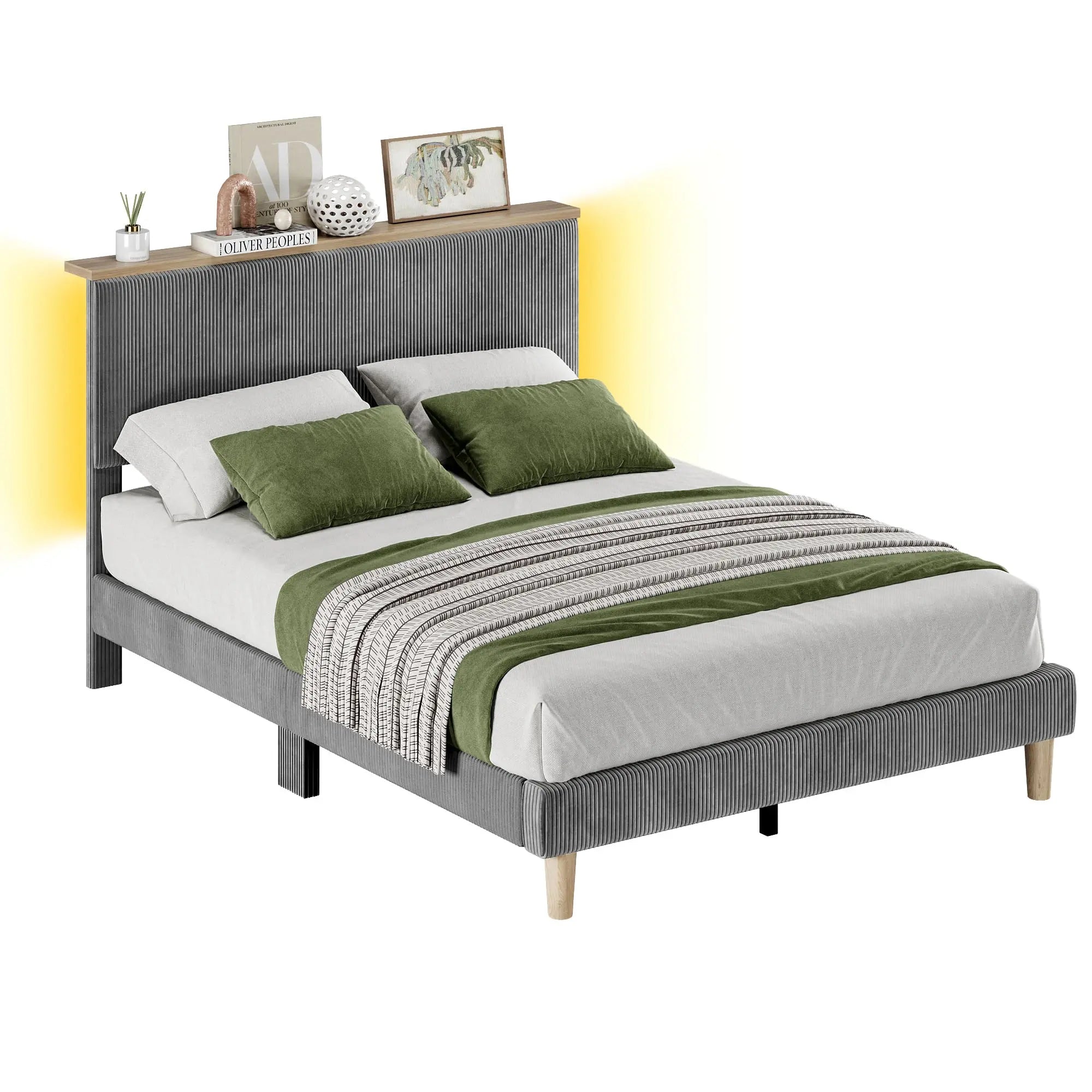 the grey queen size bed frame with headboard in the white background