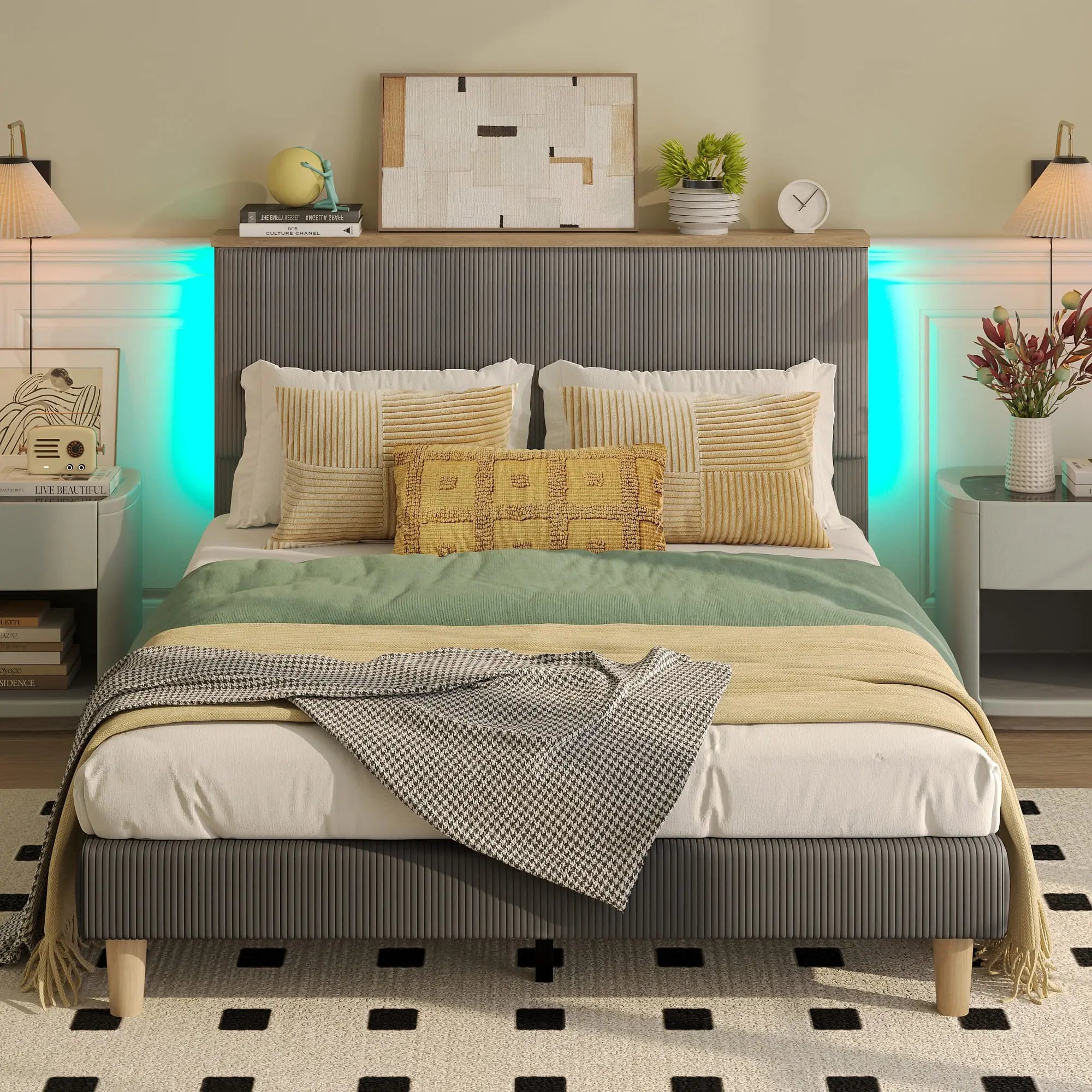 the grey queen size bed frame with headboard