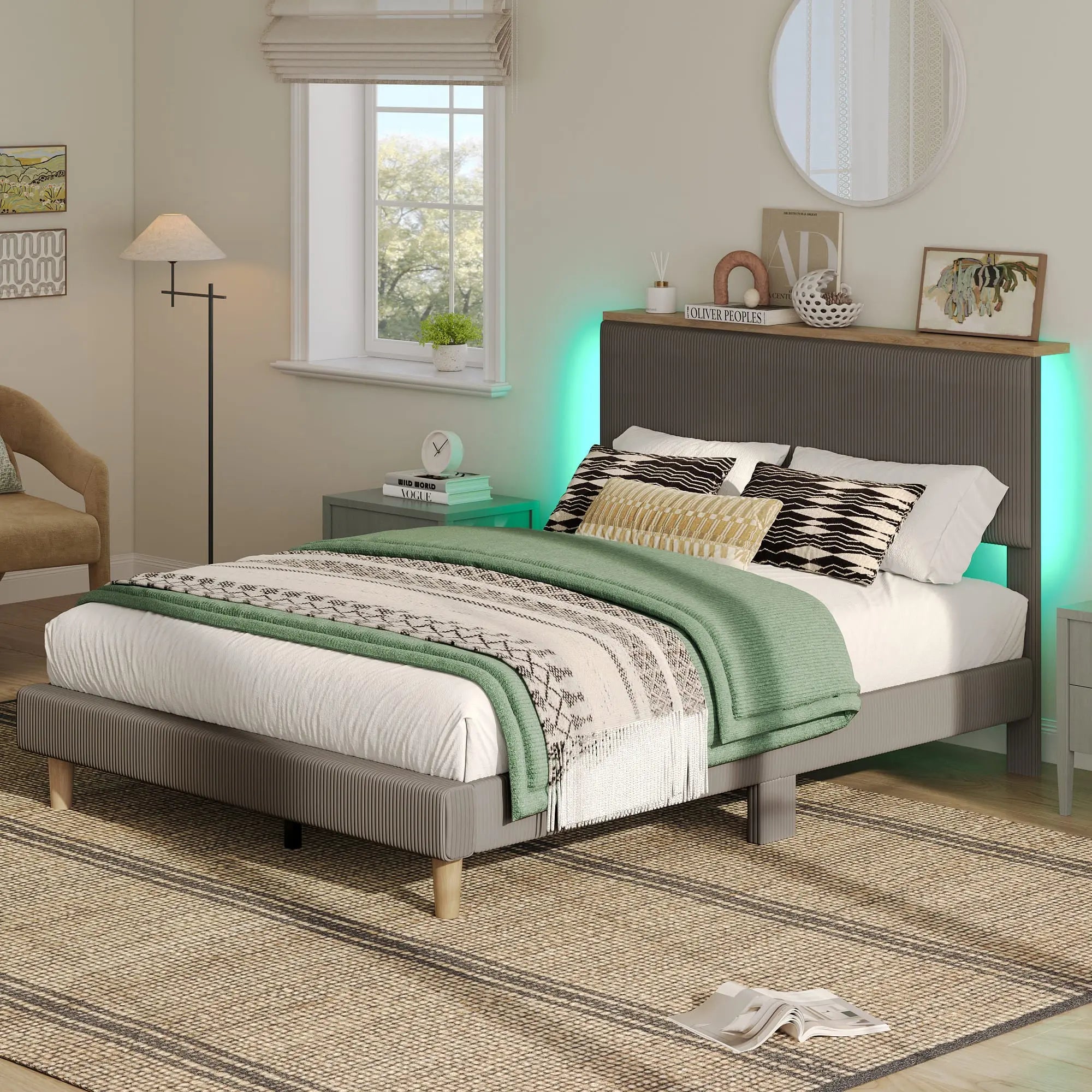 the grey queen size bed frame with headboard in a room