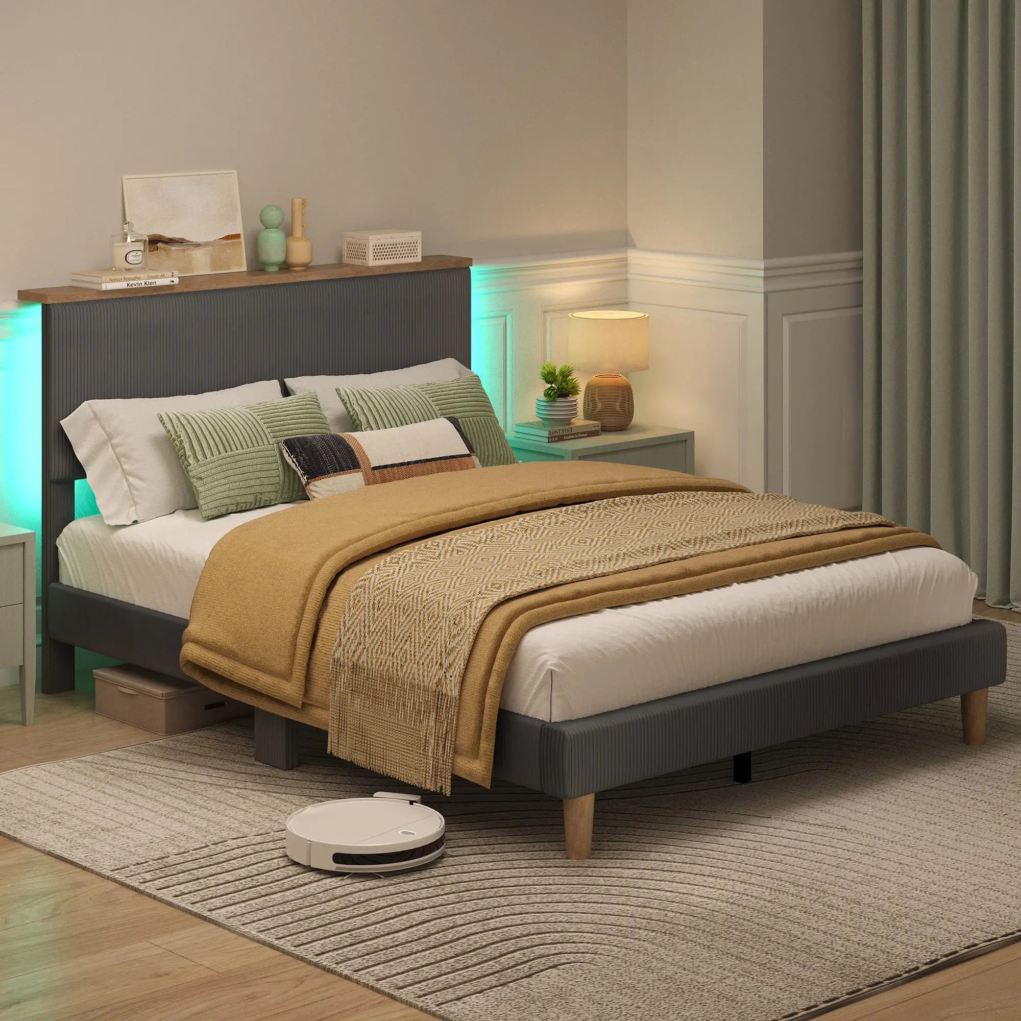 the grey queen size bed frame with headboard in a bedroom