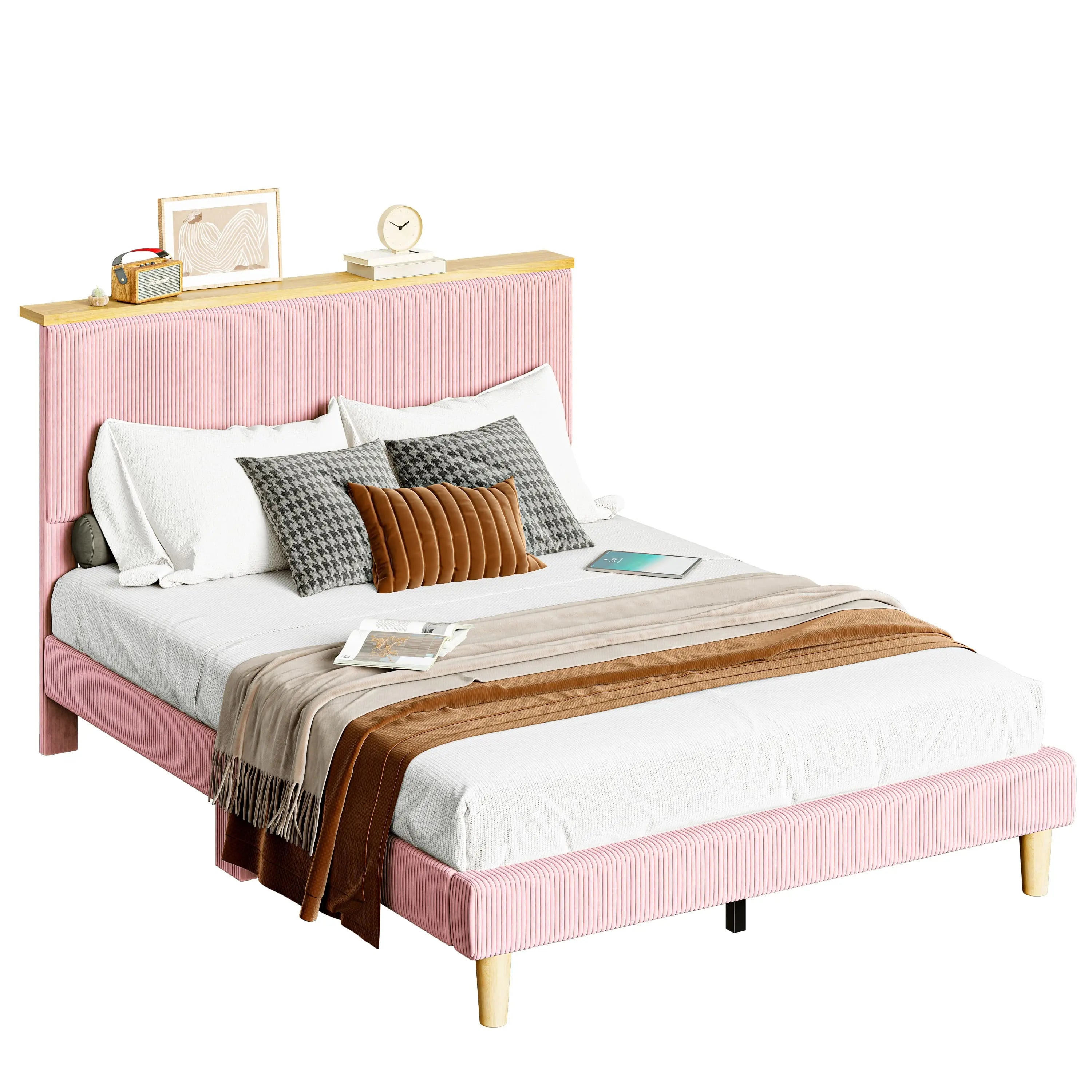 the pink queen size bed frame with headboard in the white background