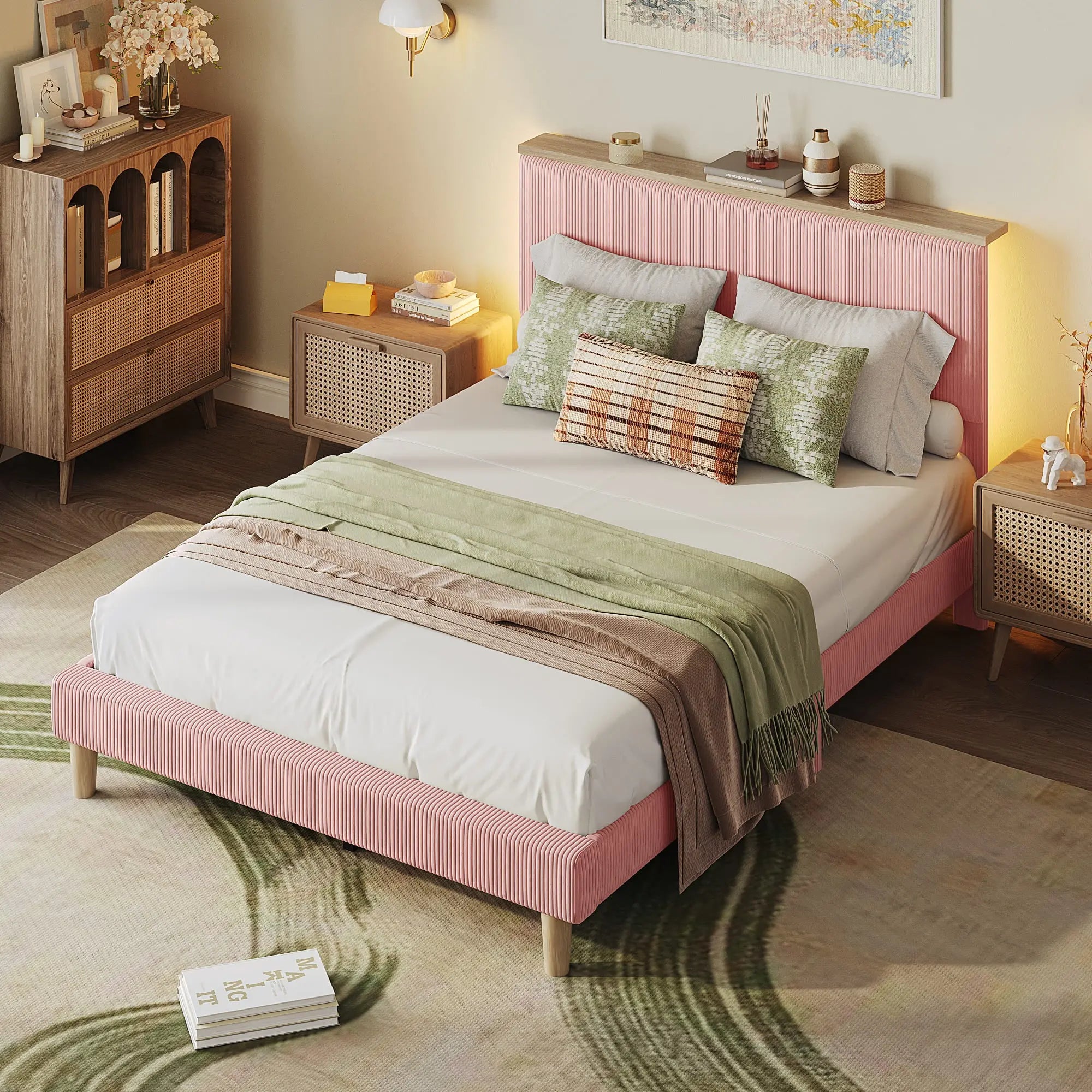 the pink queen size bed frame with headboard in a room