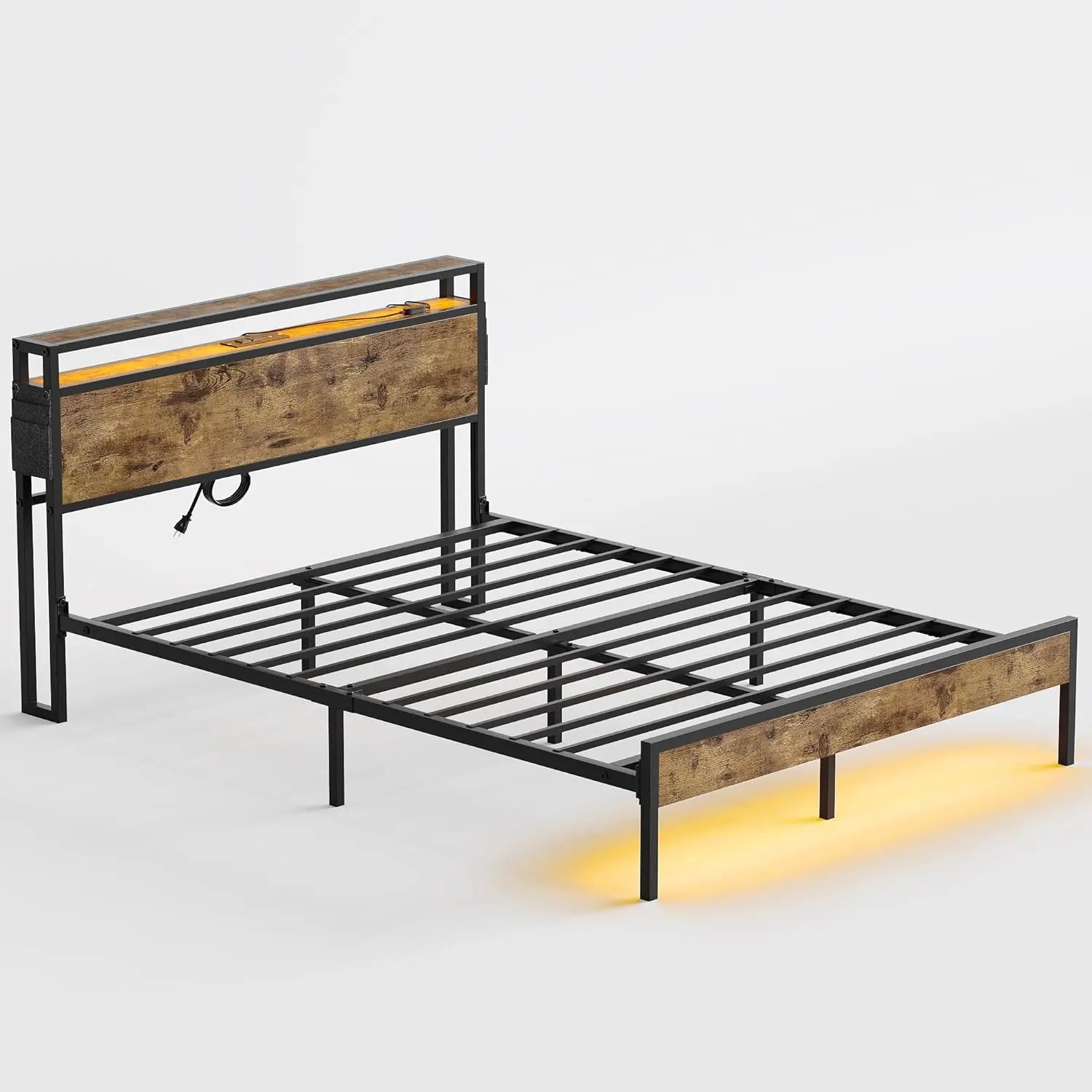 Bestier Queen Size Bed Frame with Headboard and Storage, Durable Platform Bed Frame with Charging Station, Non-Slip Metal Bed Frame with Dual LED Light, Noise-Free, Easy Assembly Bestier