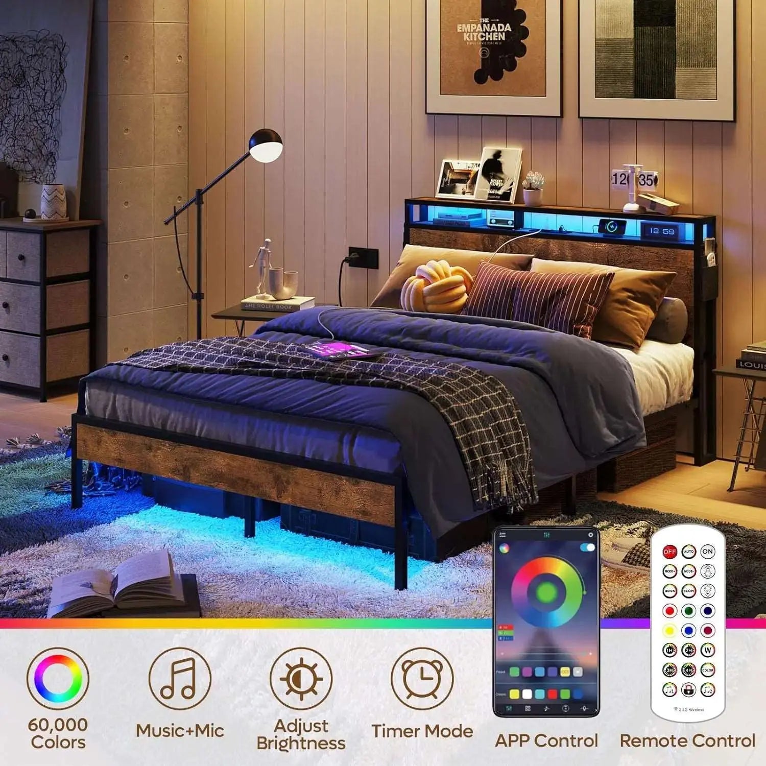 Bestier Queen Size Bed Frame with Headboard and Storage, Durable Platform Bed Frame with Charging Station, Non-Slip Metal Bed Frame with Dual LED Light, Noise-Free, Easy Assembly
