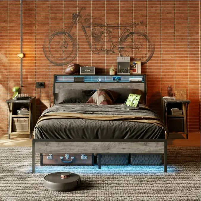 the gray queen size bed frame in a room