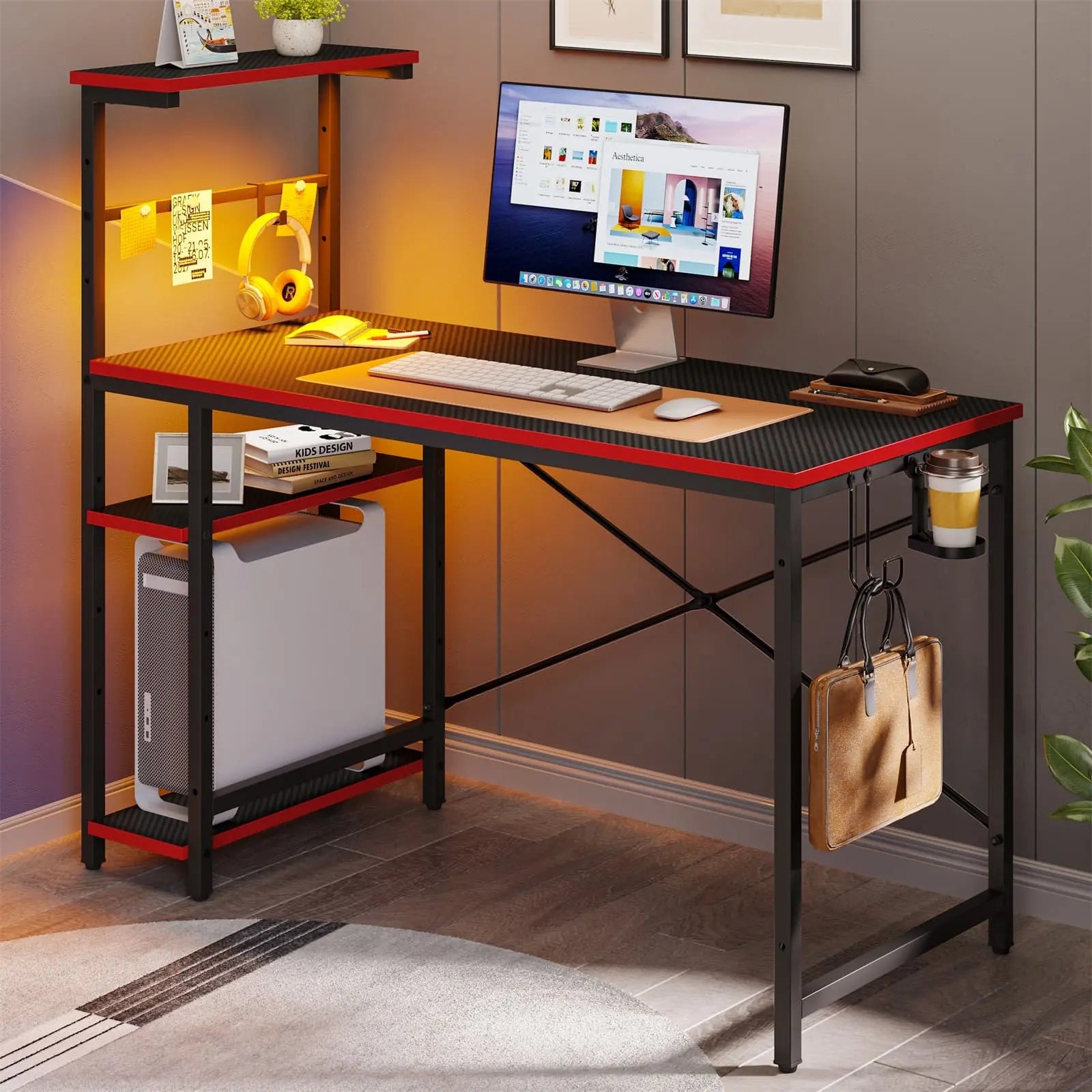 the black carbon fiber retangular gaming desk with led lights
