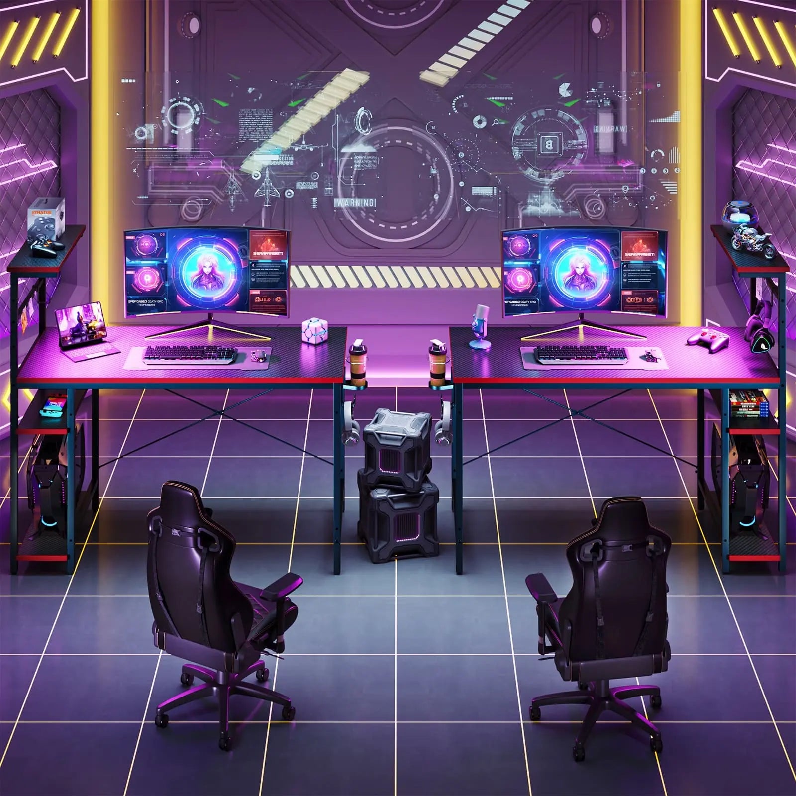 the black carbon fiber retangular gaming desks with led lights in a room