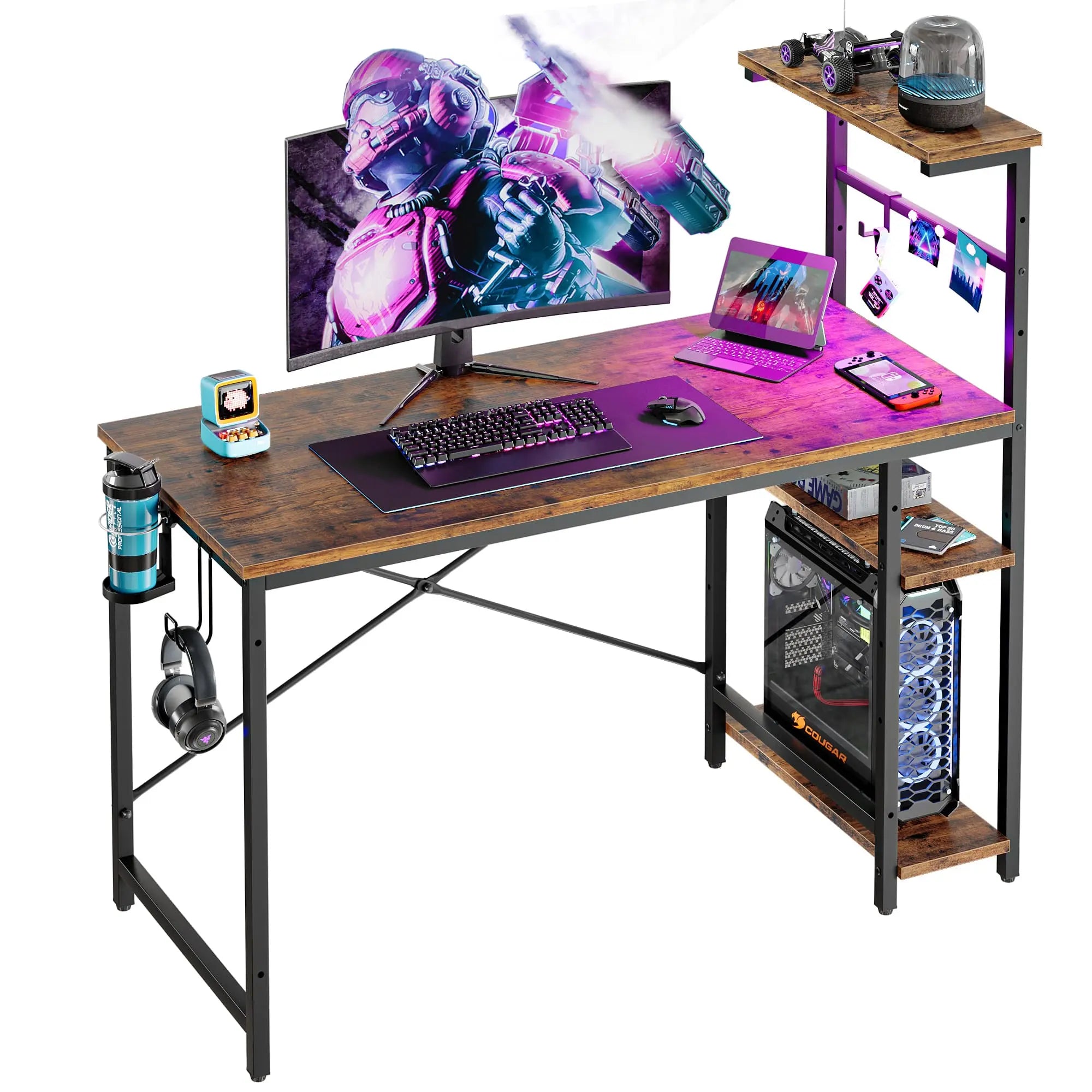 the brown retangular gaming desk with led lights in the white background