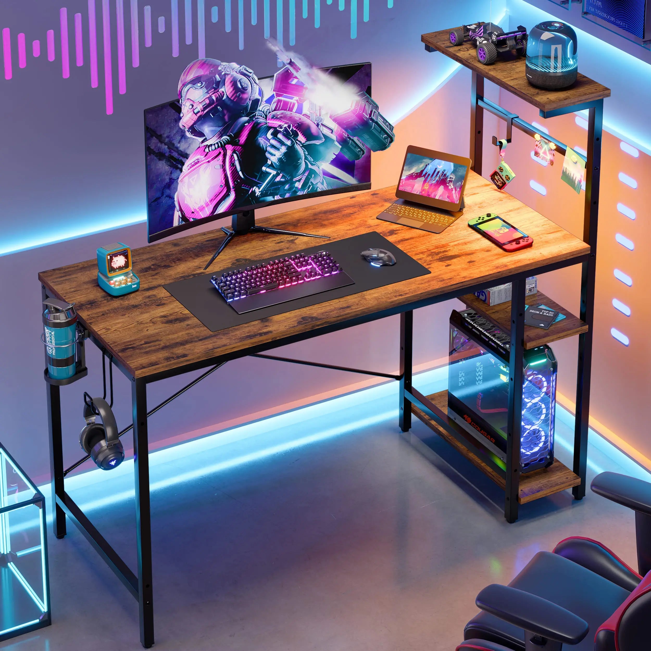 the brown retangular gaming desk with led lights in a room