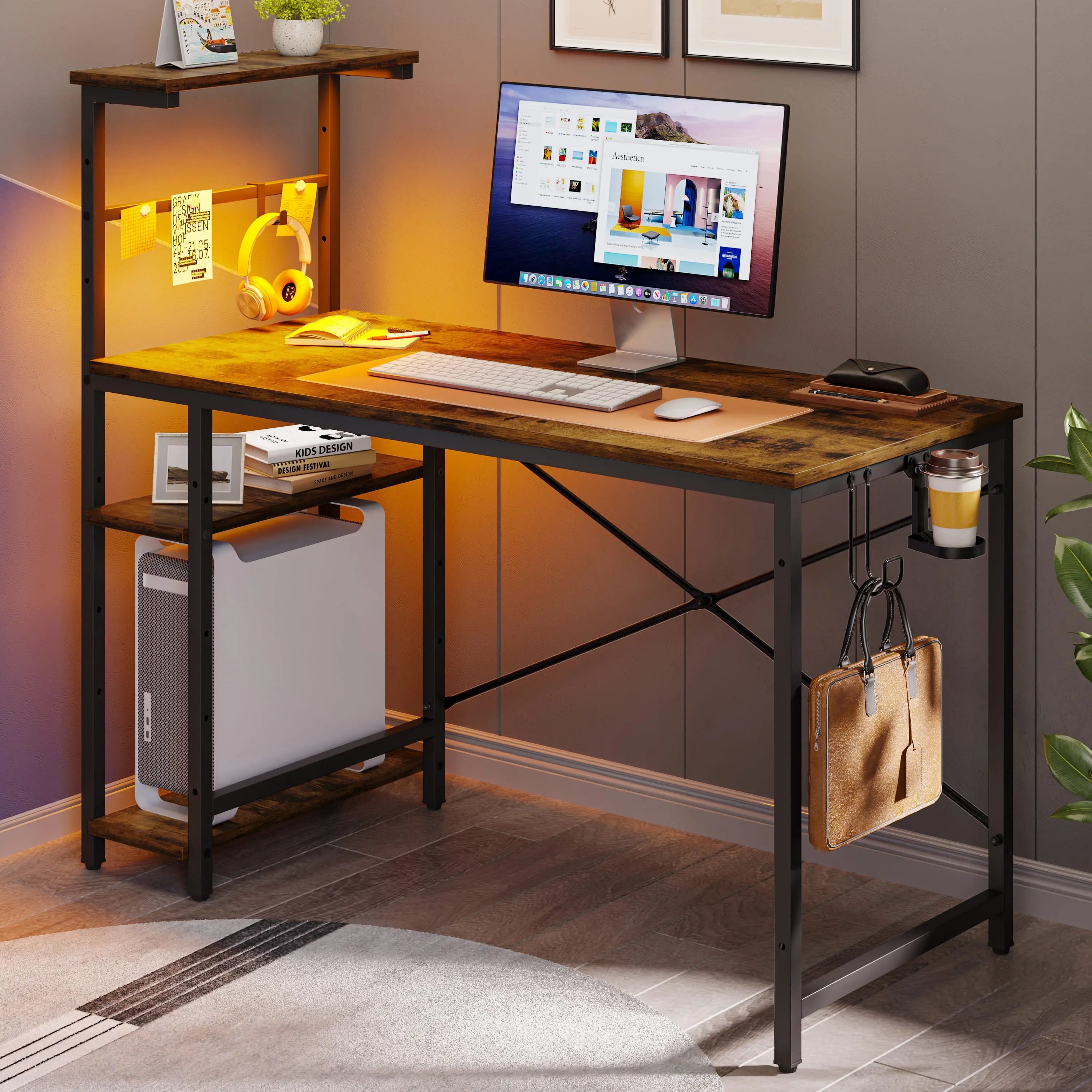 the brown retangular gaming desk with led lights