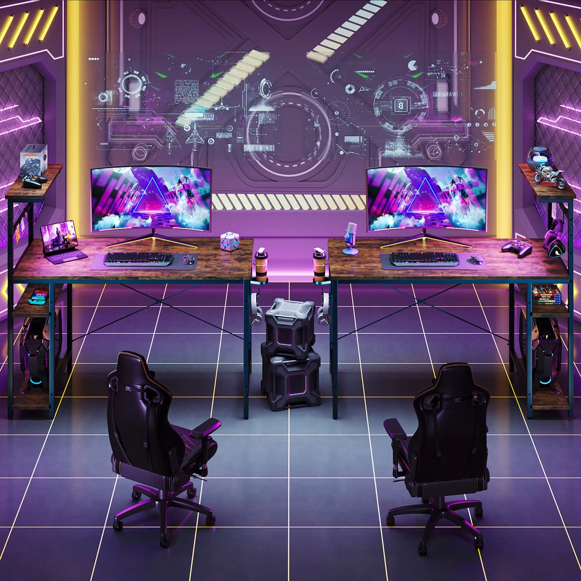 the brown retangular gaming desks with led lights in a gaming room