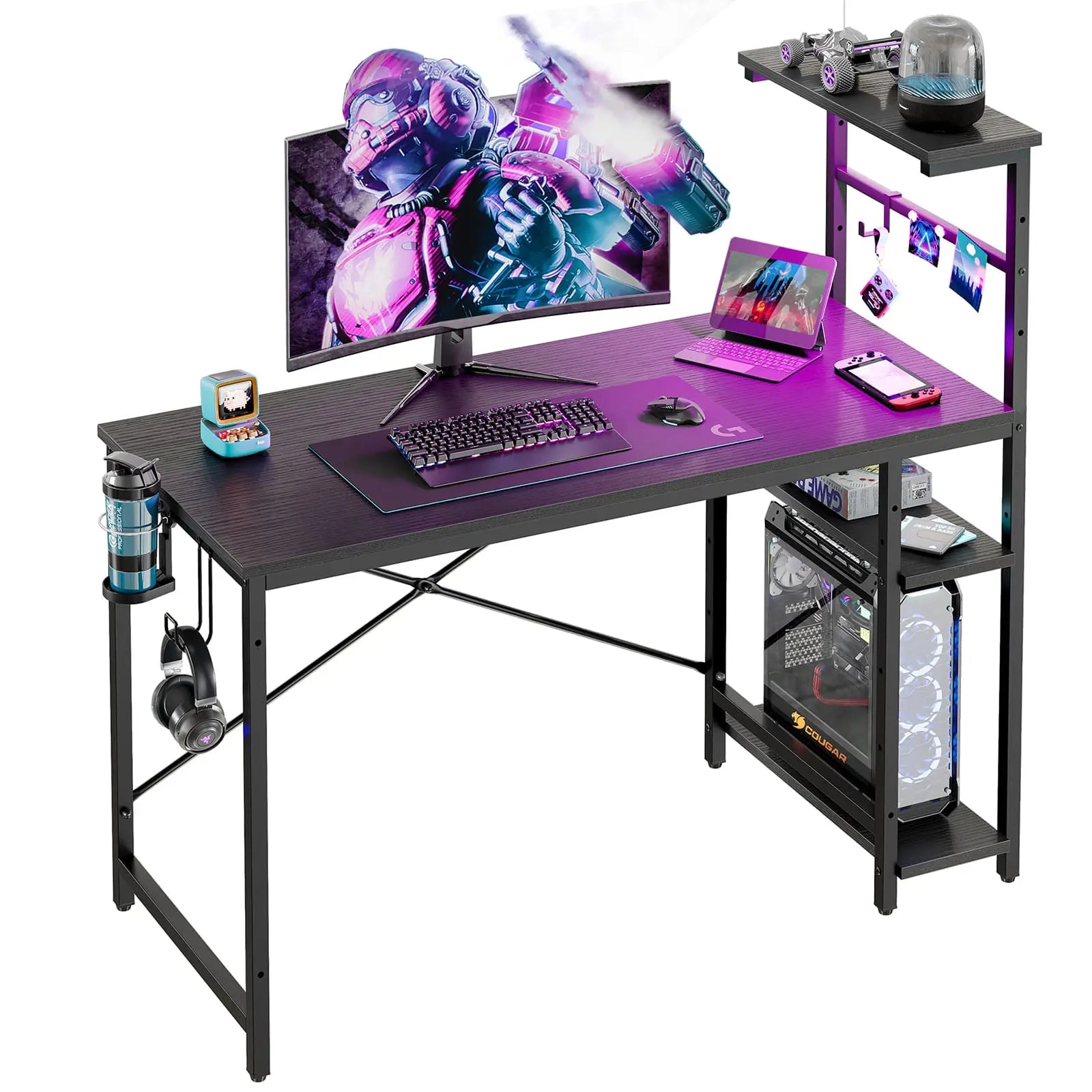 the black retangular gaming desk with led lights in the white background