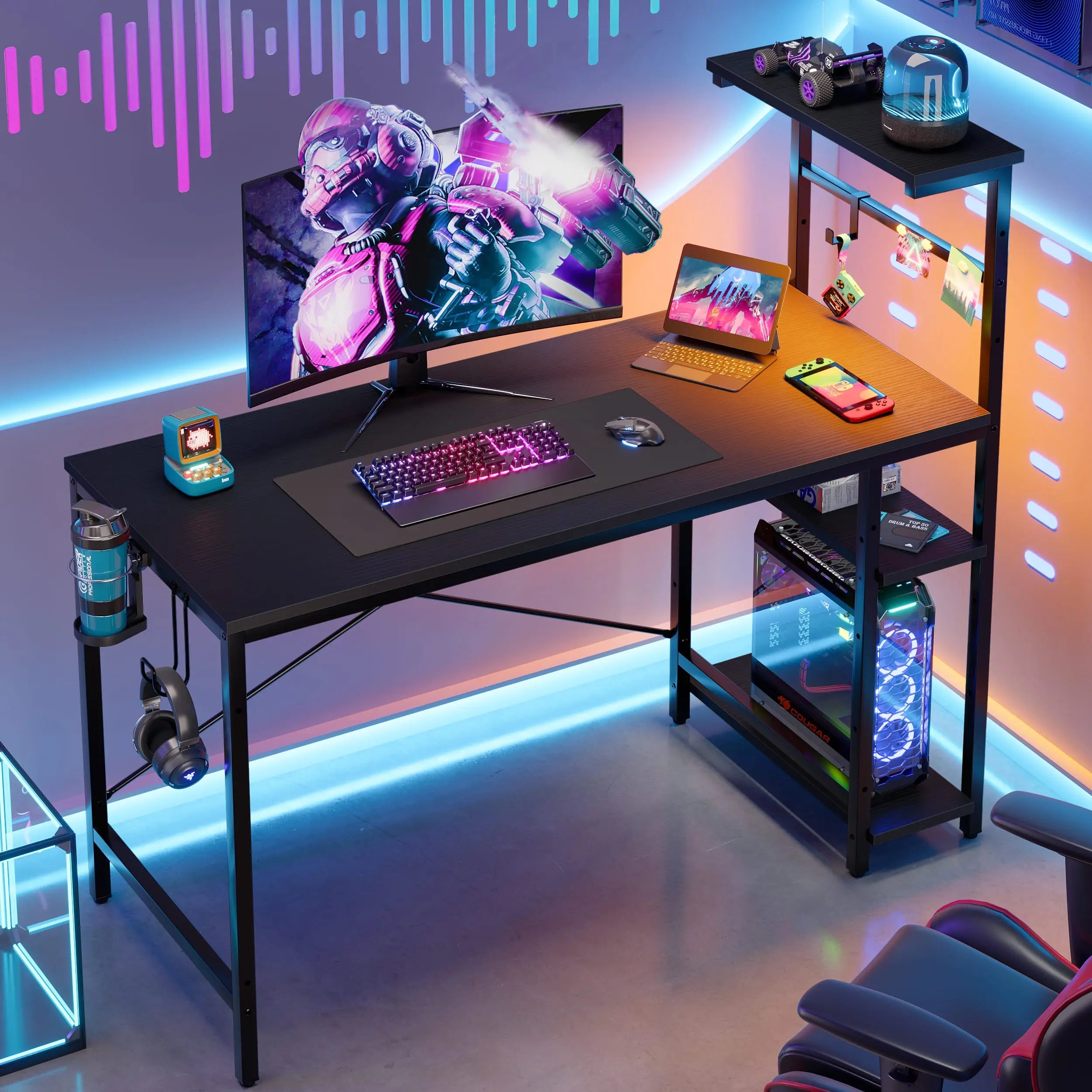the black retangular gaming desk with led lights