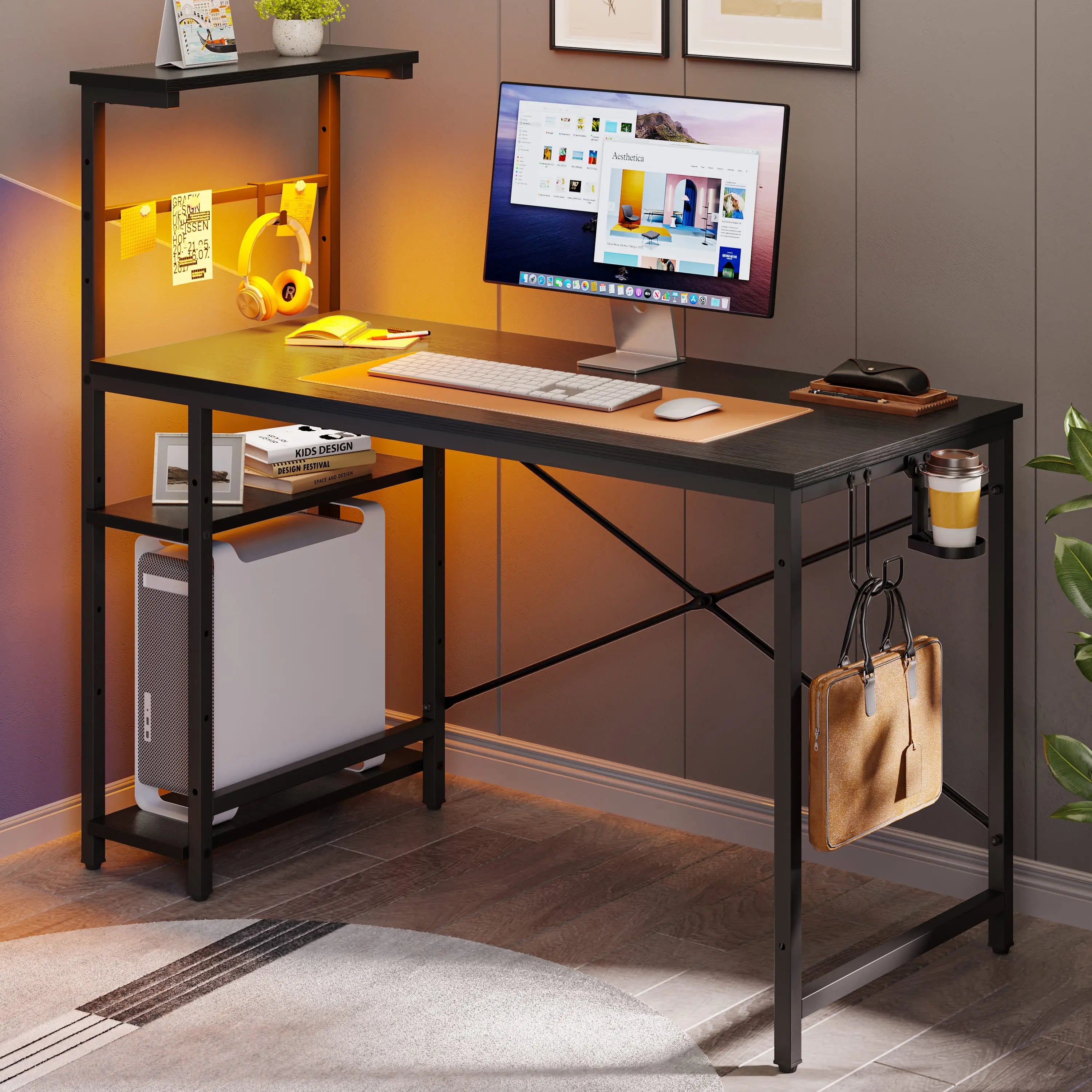 the black retangular gaming desk with led lights in a room