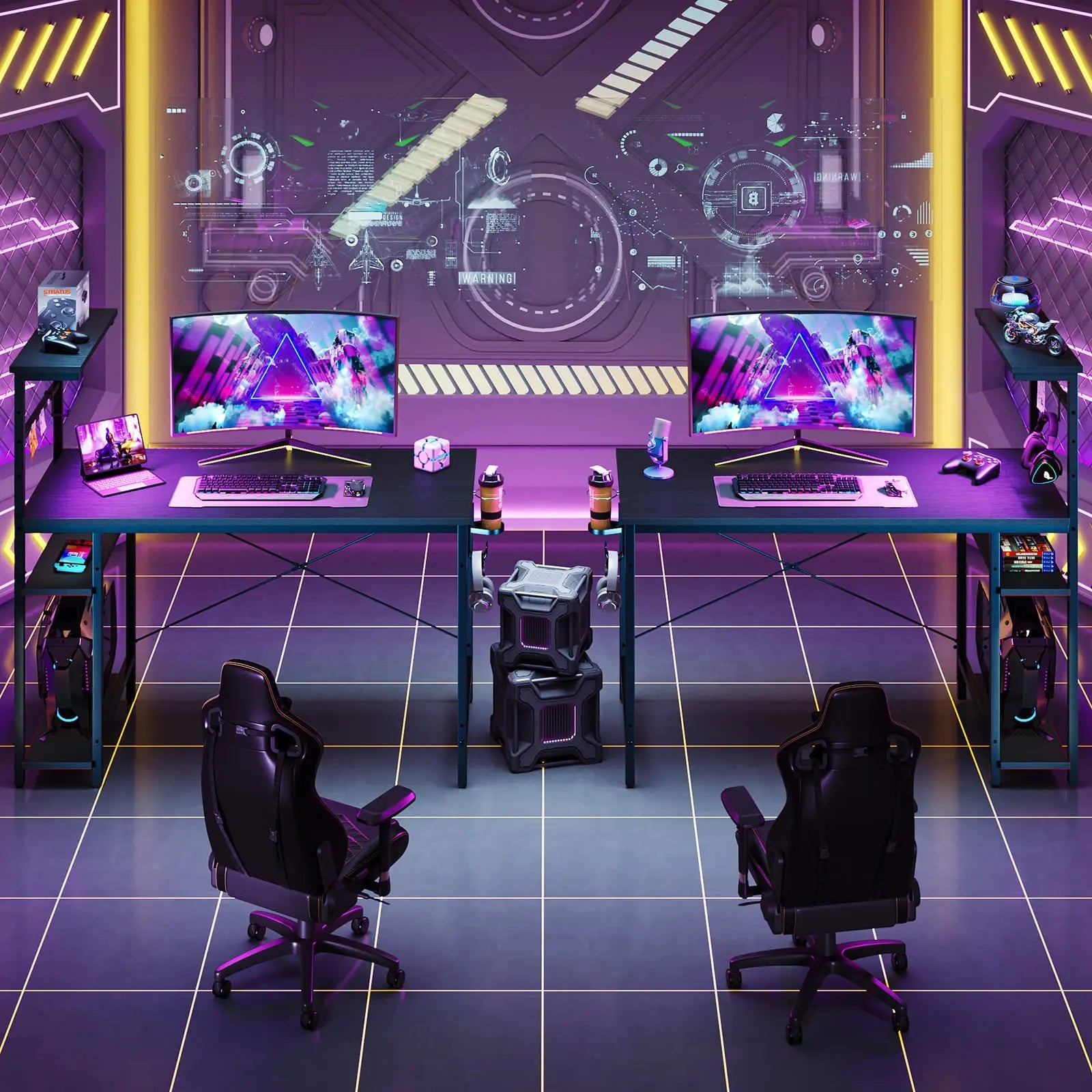 the black retangular gaming desk with led lights in a gaming room