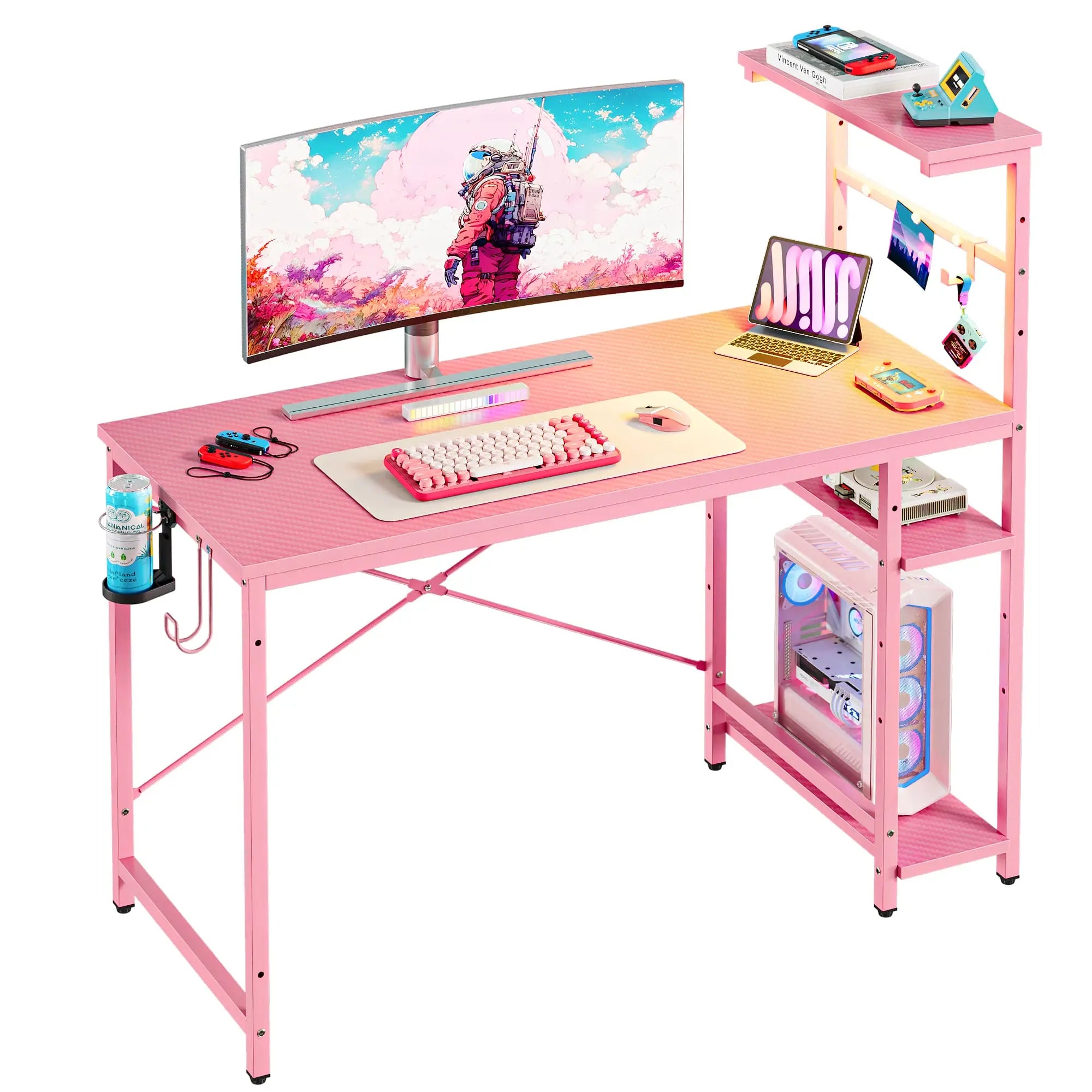 the pink retangular gaming desk with led lights in the white background