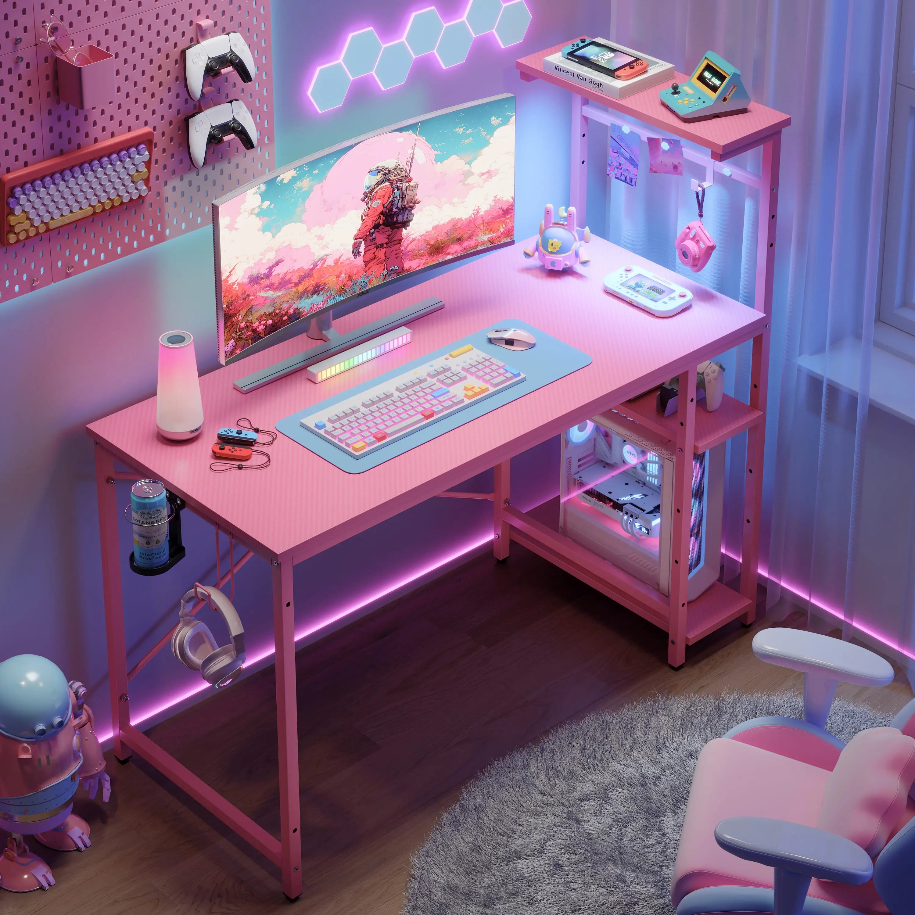 the pink retangular gaming desk with led lights