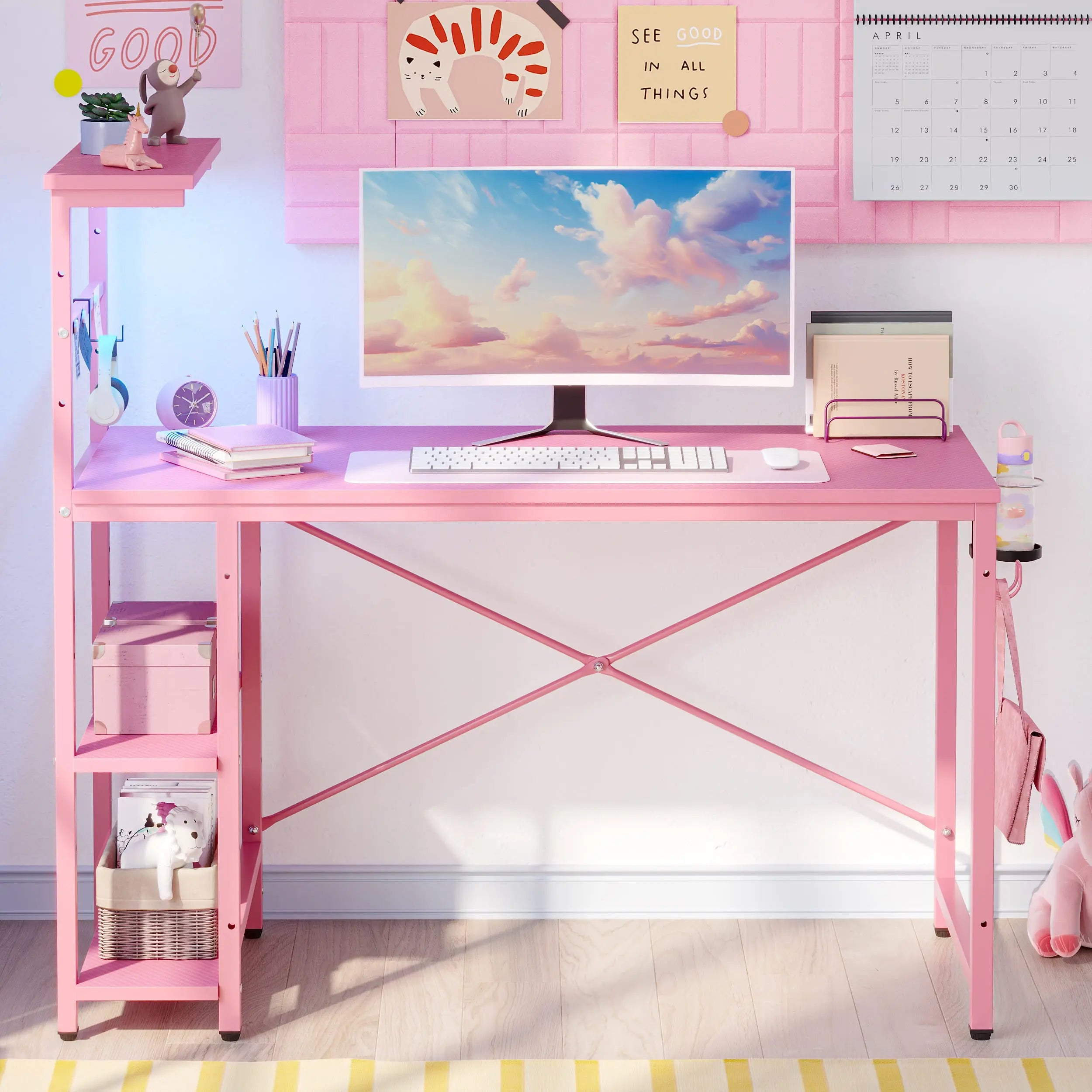the pink retangular gaming desk with led lights in a room