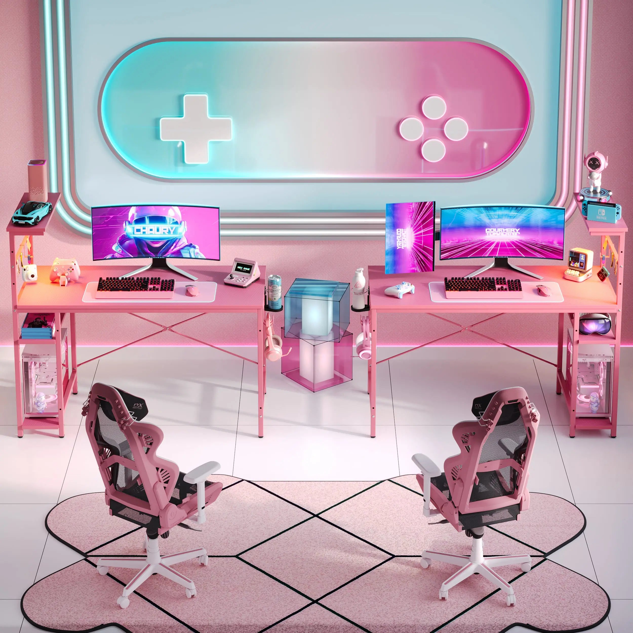the pink retangular gaming desk with led lights in a gaming room