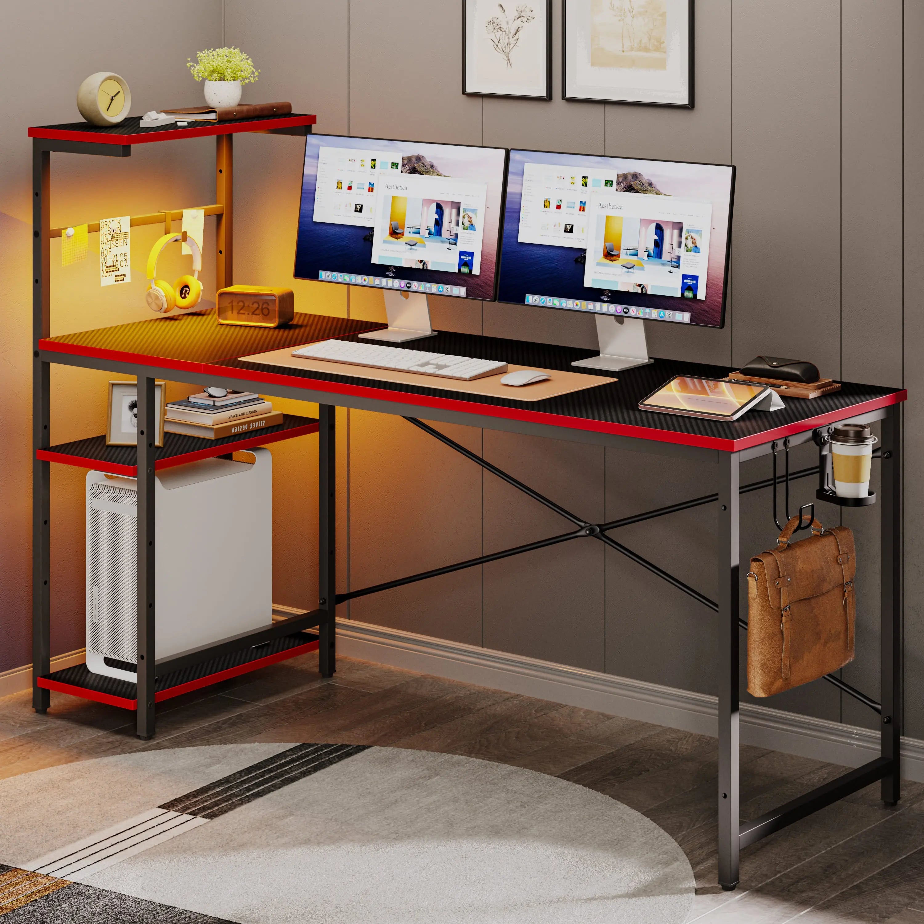 the black carbon fiber retangular gaming desk in a room