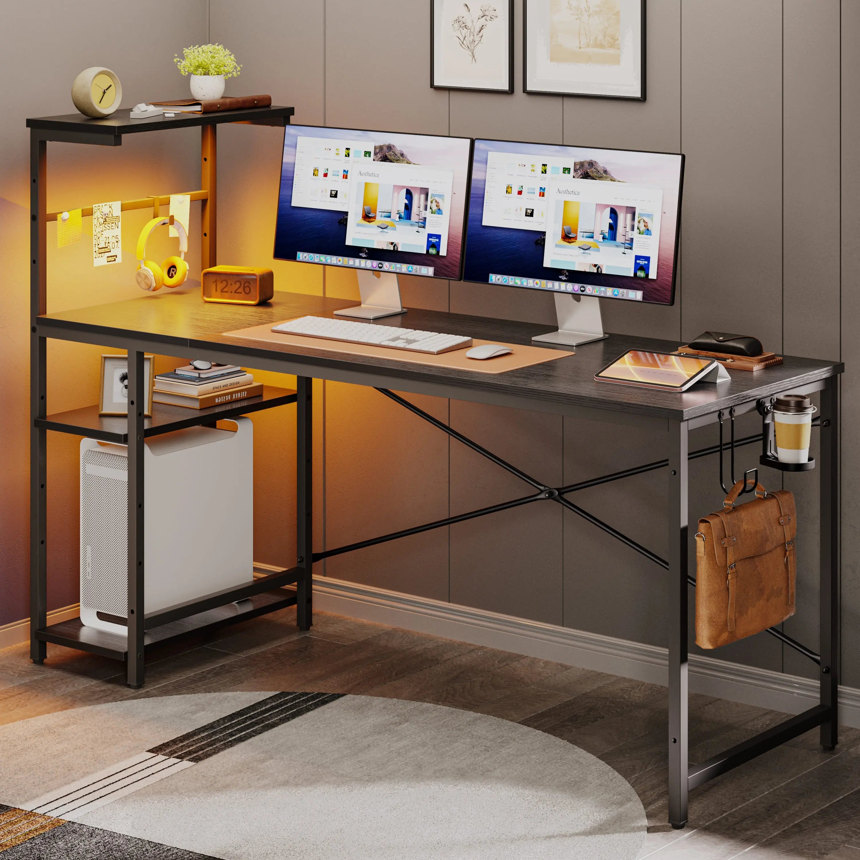 the black retangular gaming desk in a room