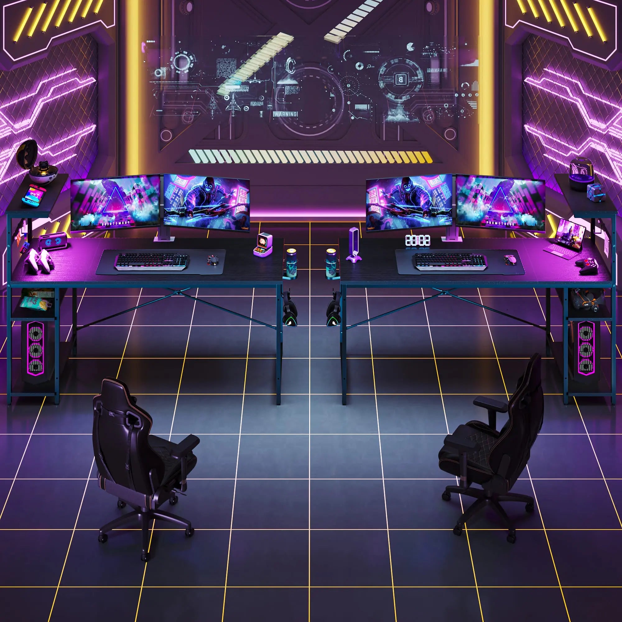 the black retangular gaming desks in a gaming room