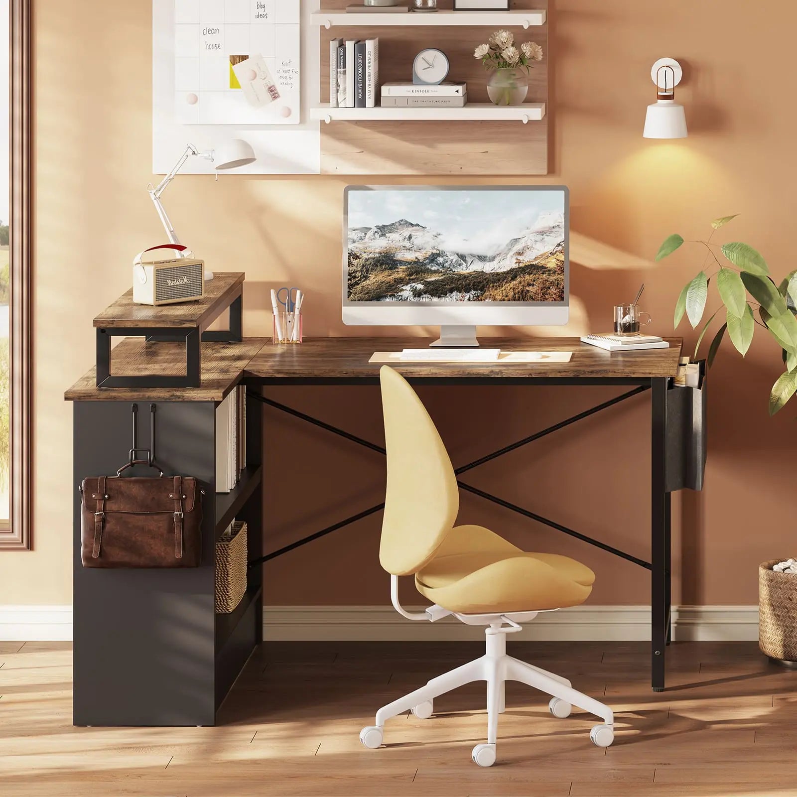 the rustic brown l shaped with open storage cabinet in a room