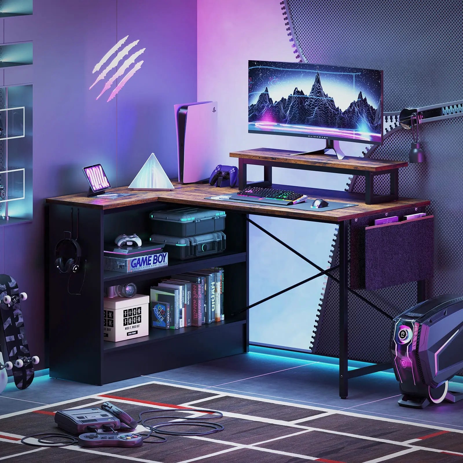 the rustic brown l shaped with open storage cabinet in a gaming room