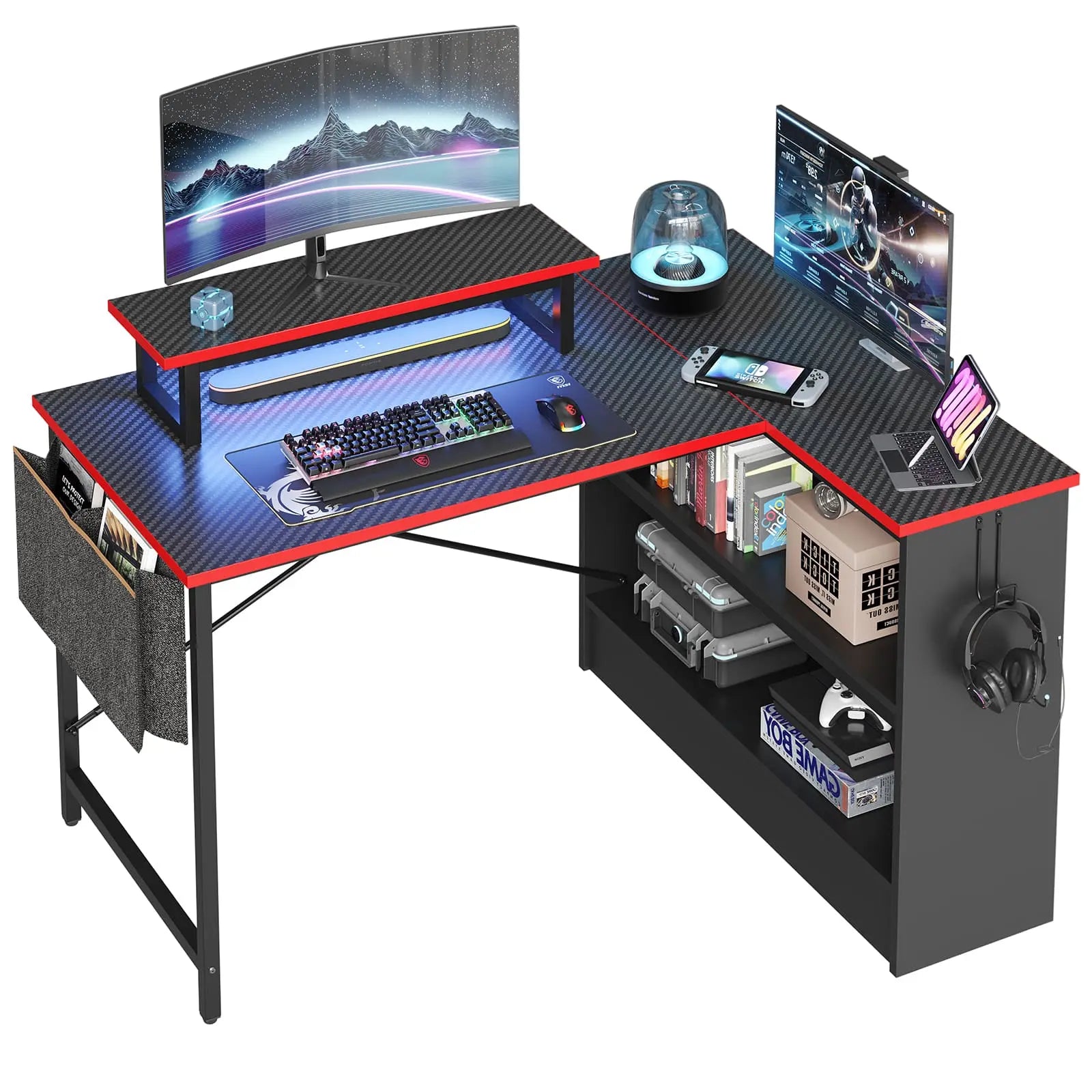 the black l shaped with open storage cabinet in the white background