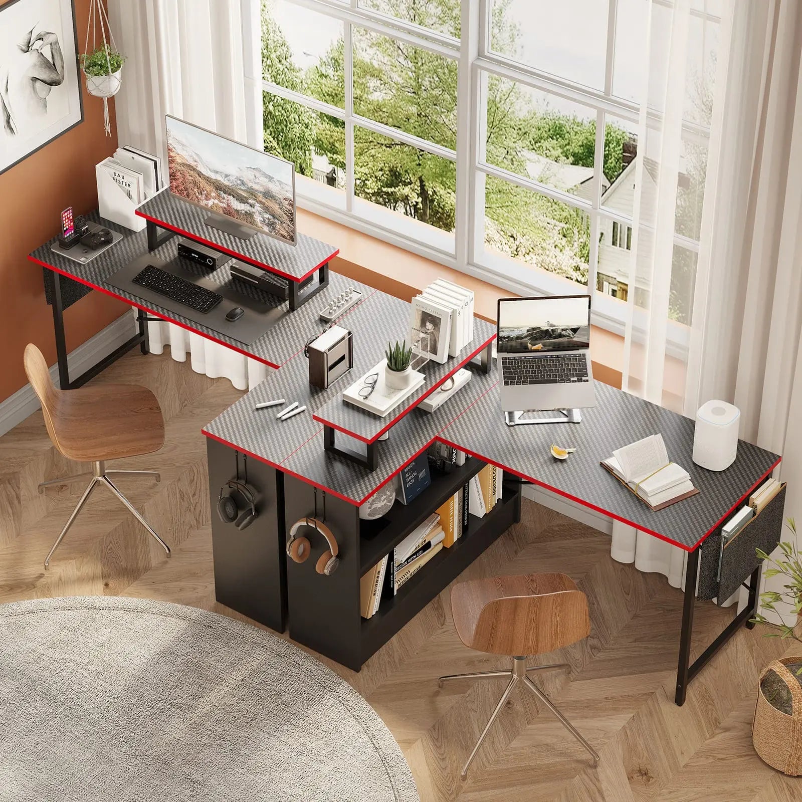 the black l shaped with open storage cabinet