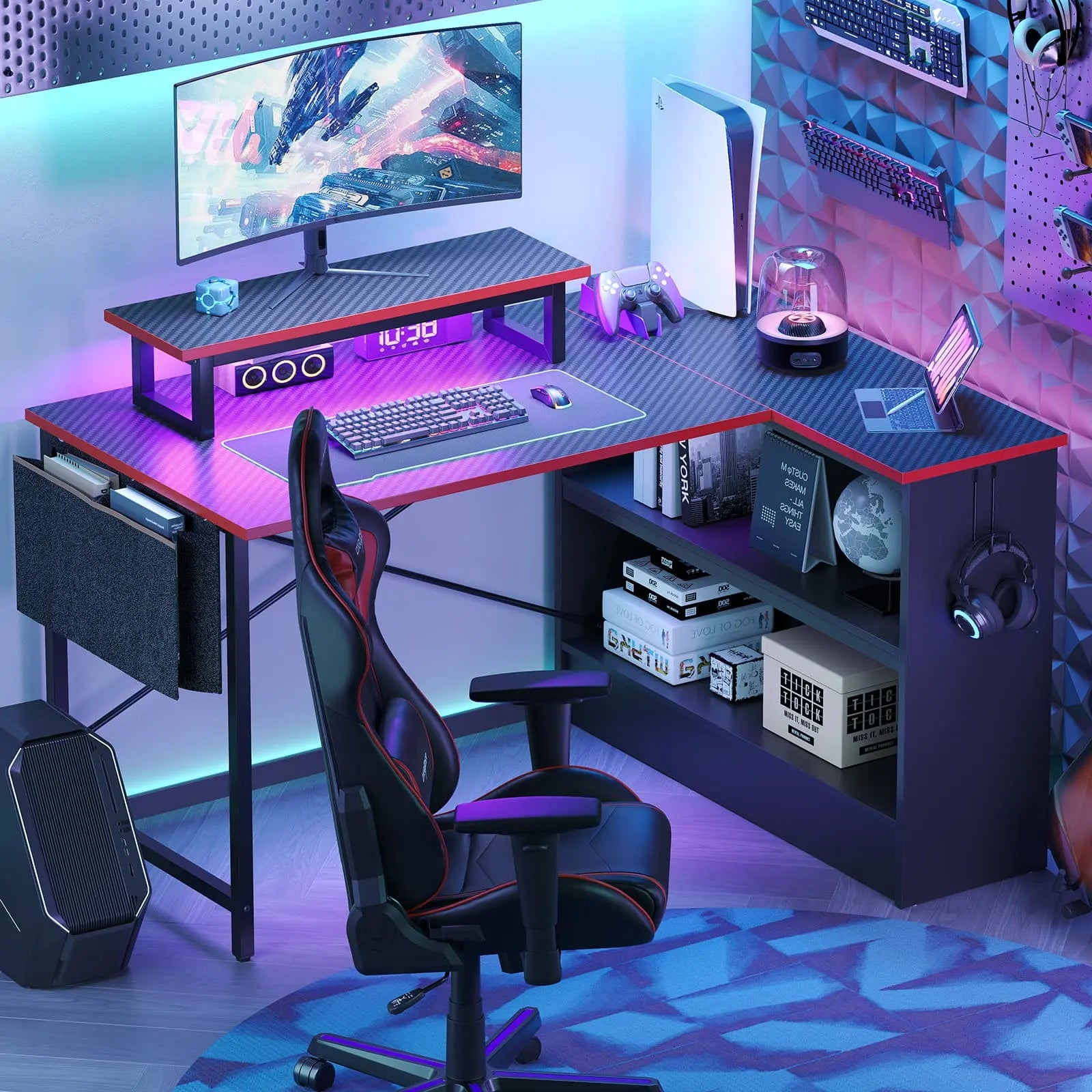 the black l shaped with open storage cabinet in a gaming room