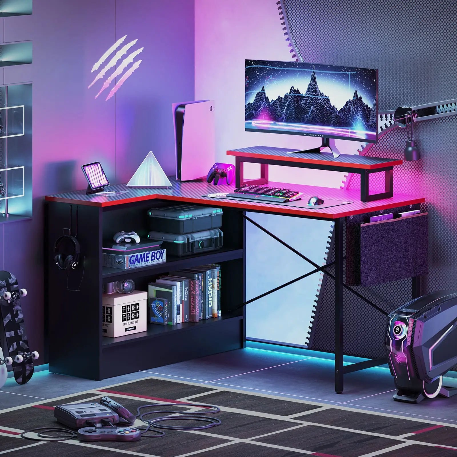 the black l shaped with open storage cabinet in a room