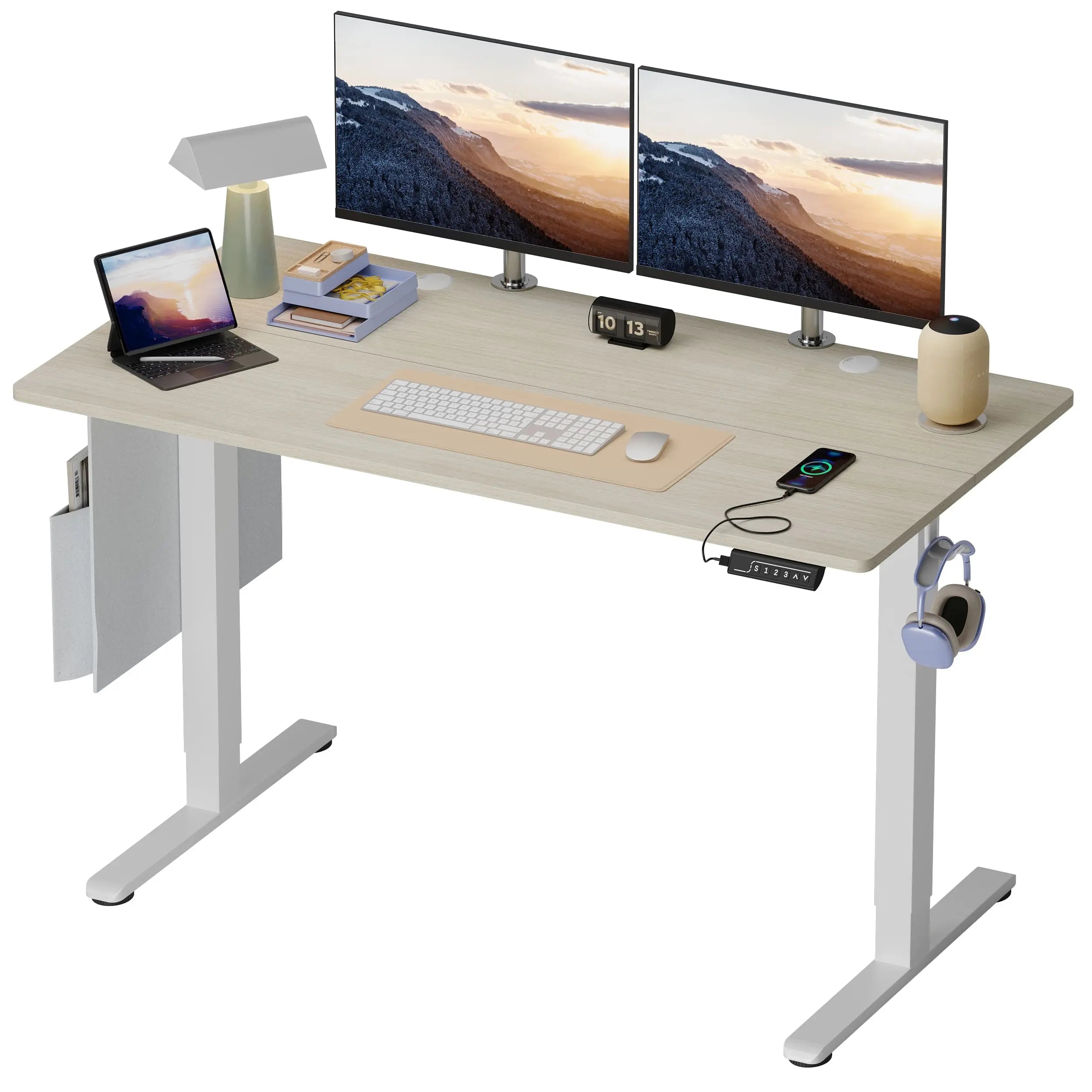 55 inch white standing desk with two computers