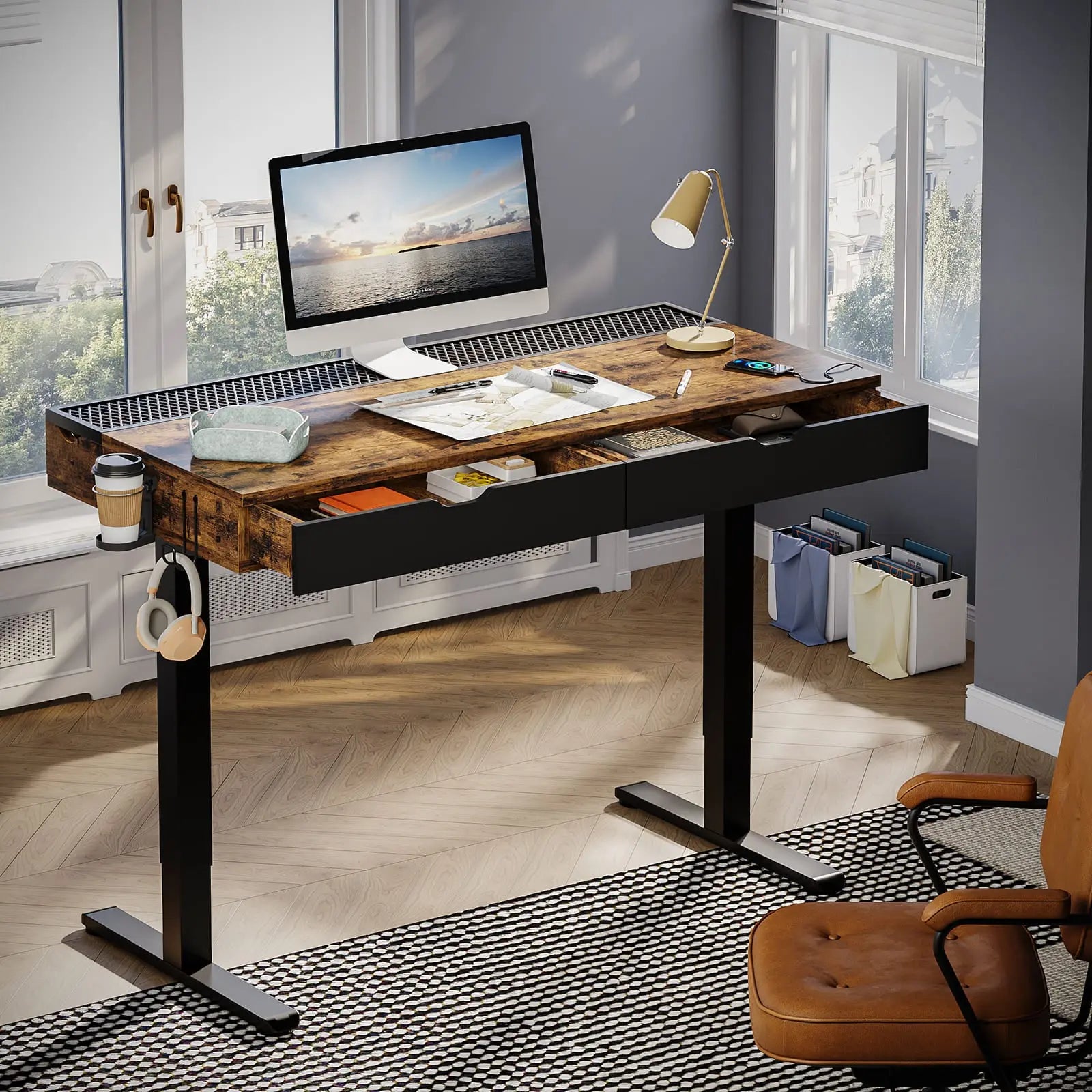 Bestier 47 Inch LED Electric Standing Desk with Drawers
