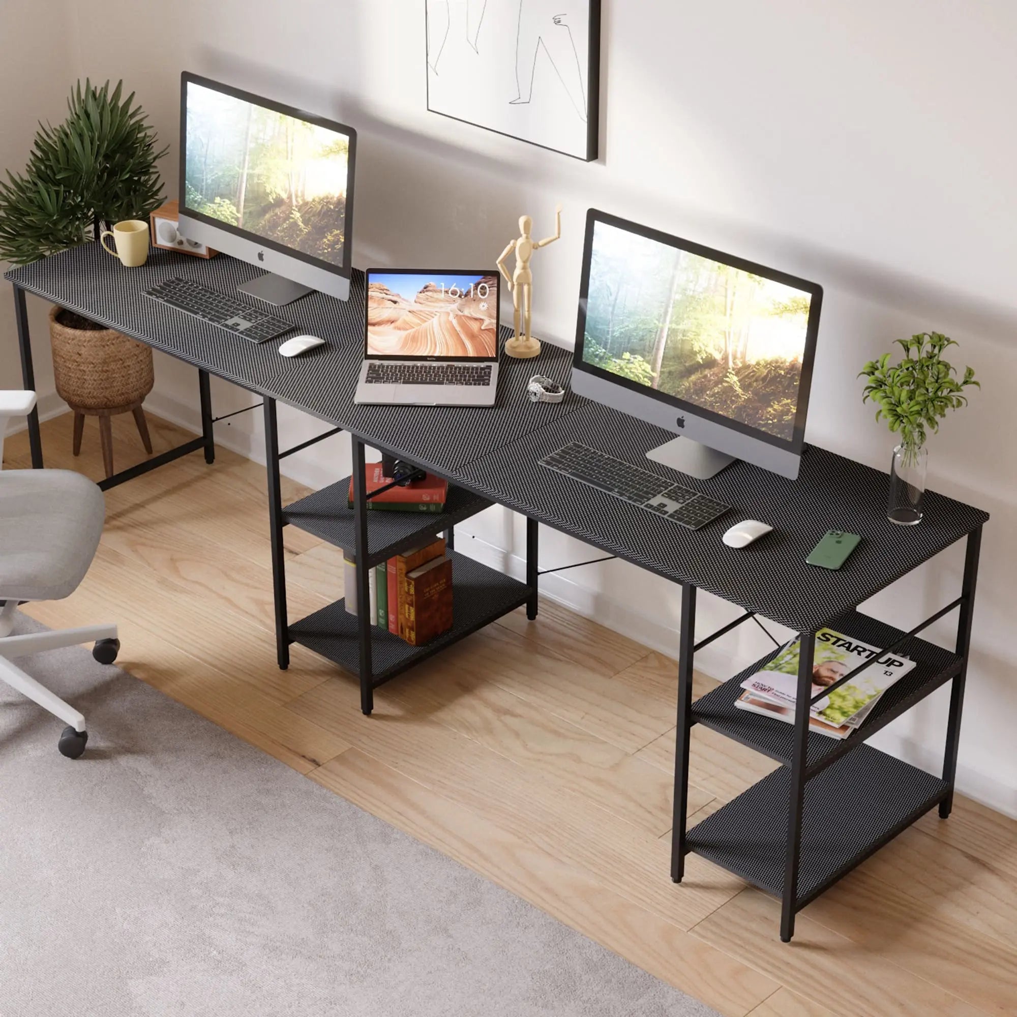 two computers on the two person l shaped desk