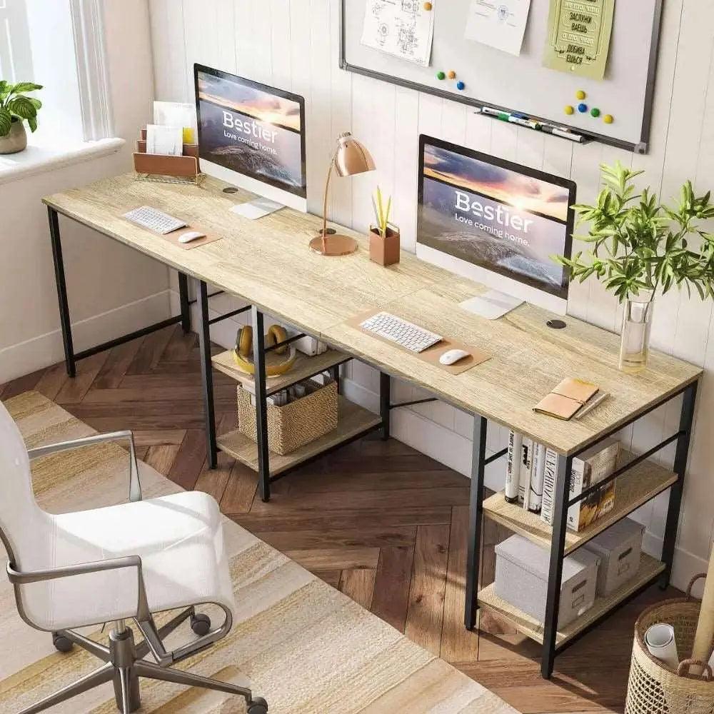 95.2 Inch Two Person L Shaped Reversible Computer Desk of Light Oak- Bestier - Desk