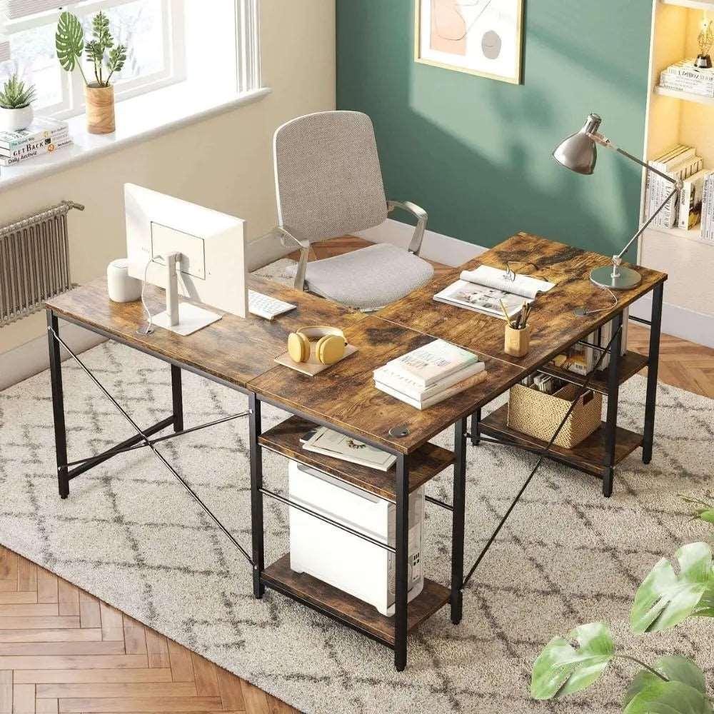 Bestier 95.2'' Two Person L Shaped Desk with Shelves of Rustic Brown