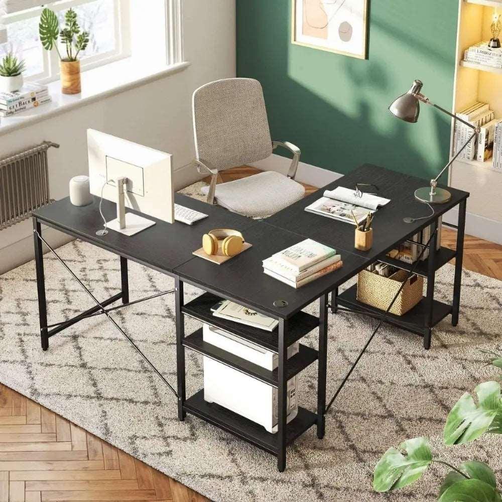 95.2 Inch Two Person L Shaped Reversible Computer Desk of Black