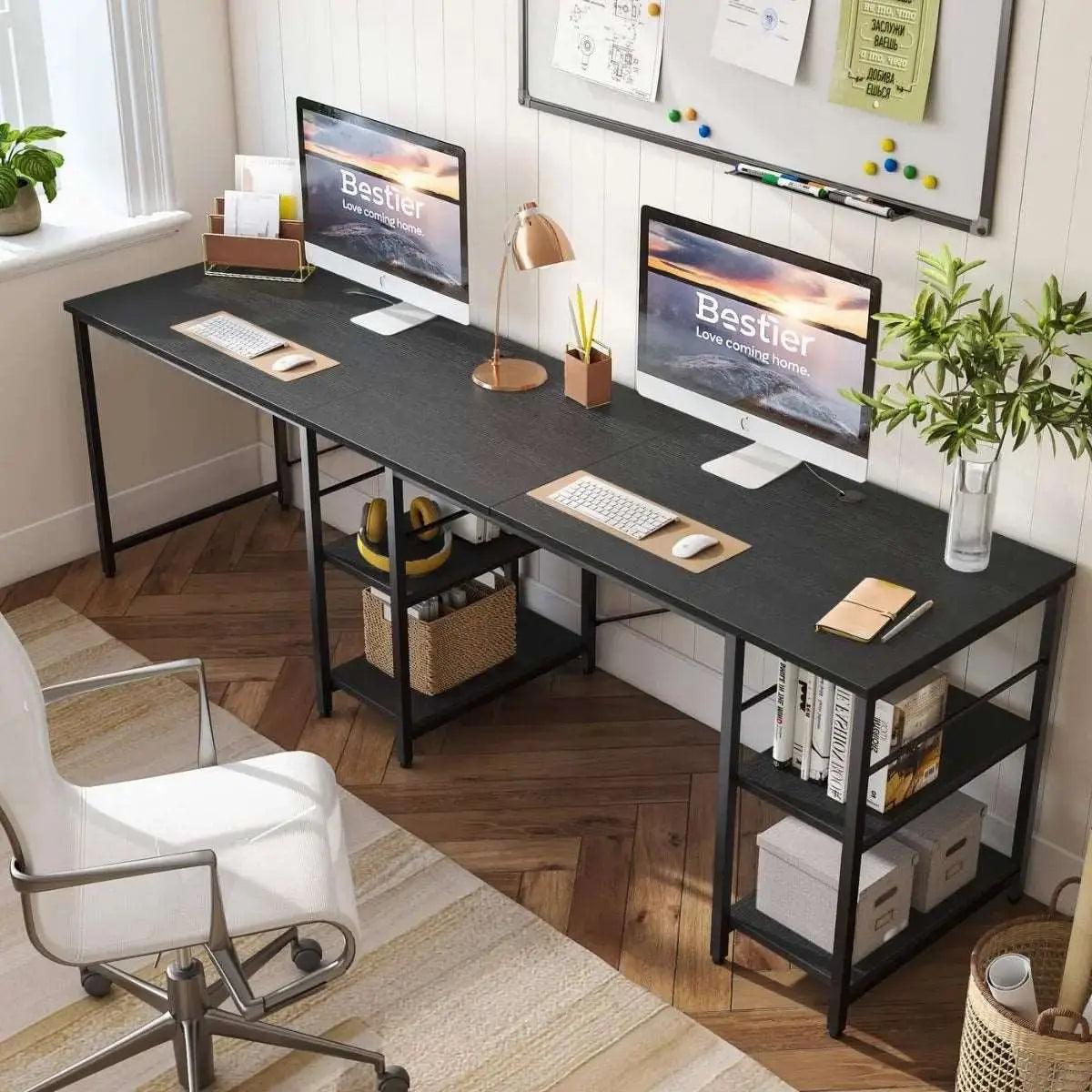 Bestier 95.2'' Two Person L Shaped black Desk with Shelves