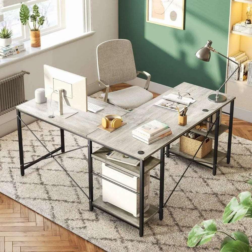 Bestier 95.2 Inch Two Person L Shaped Reversible Computer Desk Vintage Light Grey