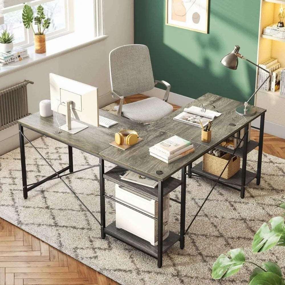 95.2 Inch Two Person L Shaped Reversible Computer Desk of Vintage Dark Grey