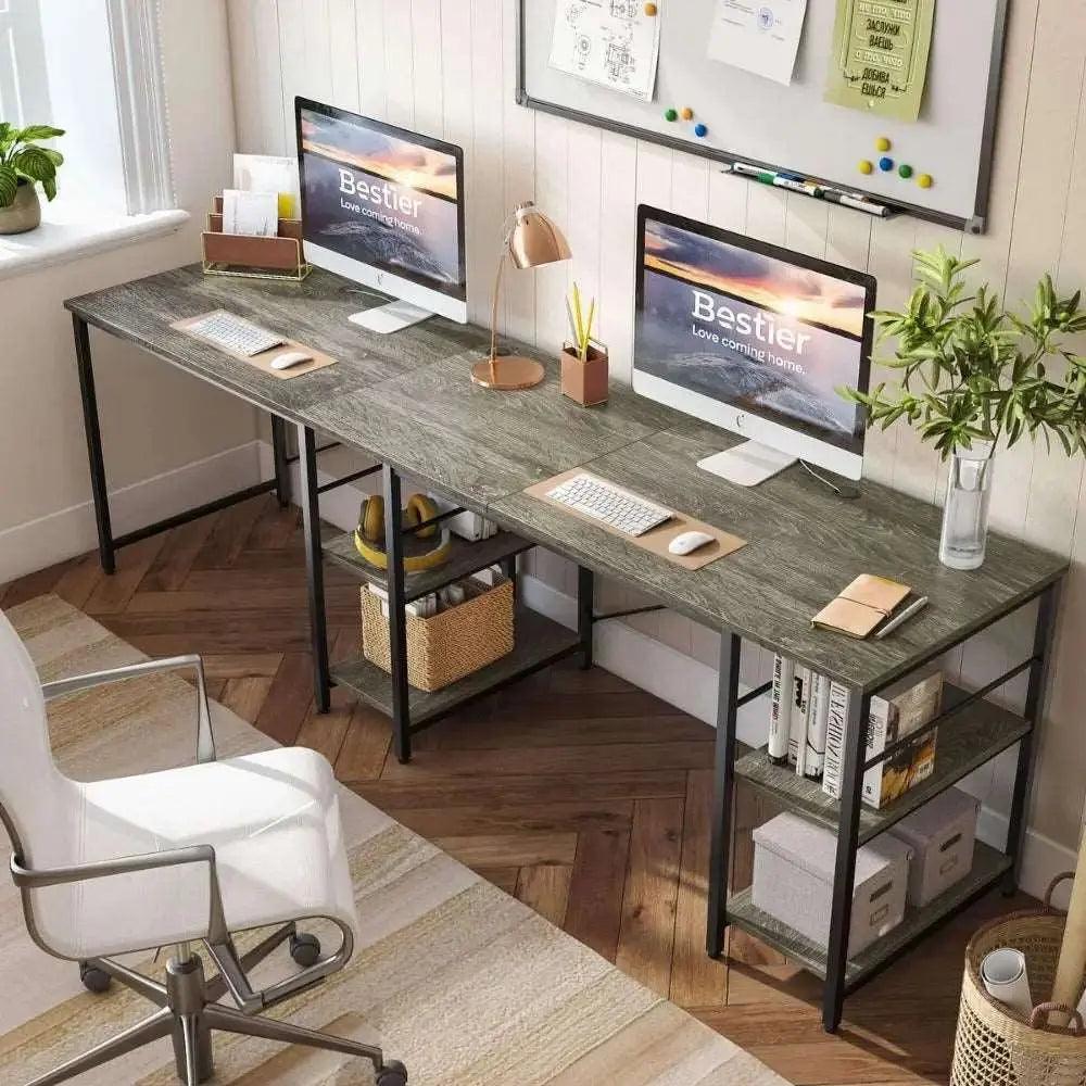 95.2 Inch Two Person L Shaped Reversible Computer Desk of Vintage Dark Grey