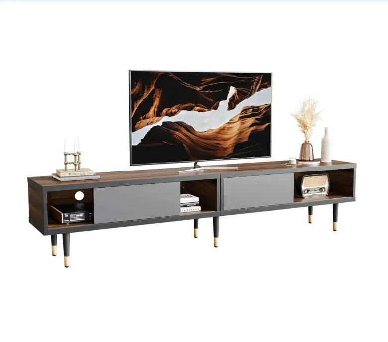 the walnut mid century modern tv stand in the white background
