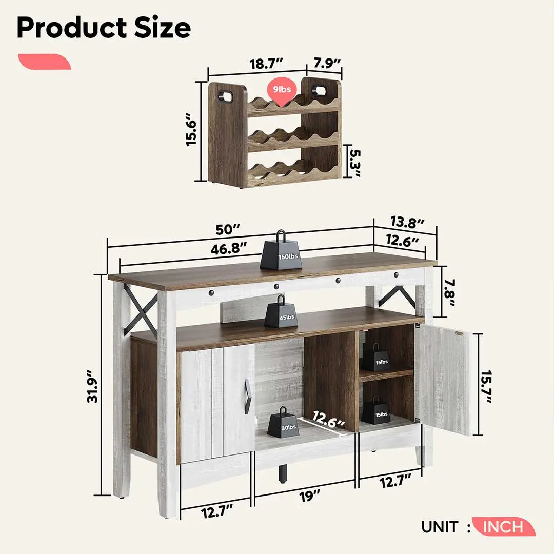 the size of 50''Grey Wash Bar Cabinet with Removable Wine Rack - Bestier