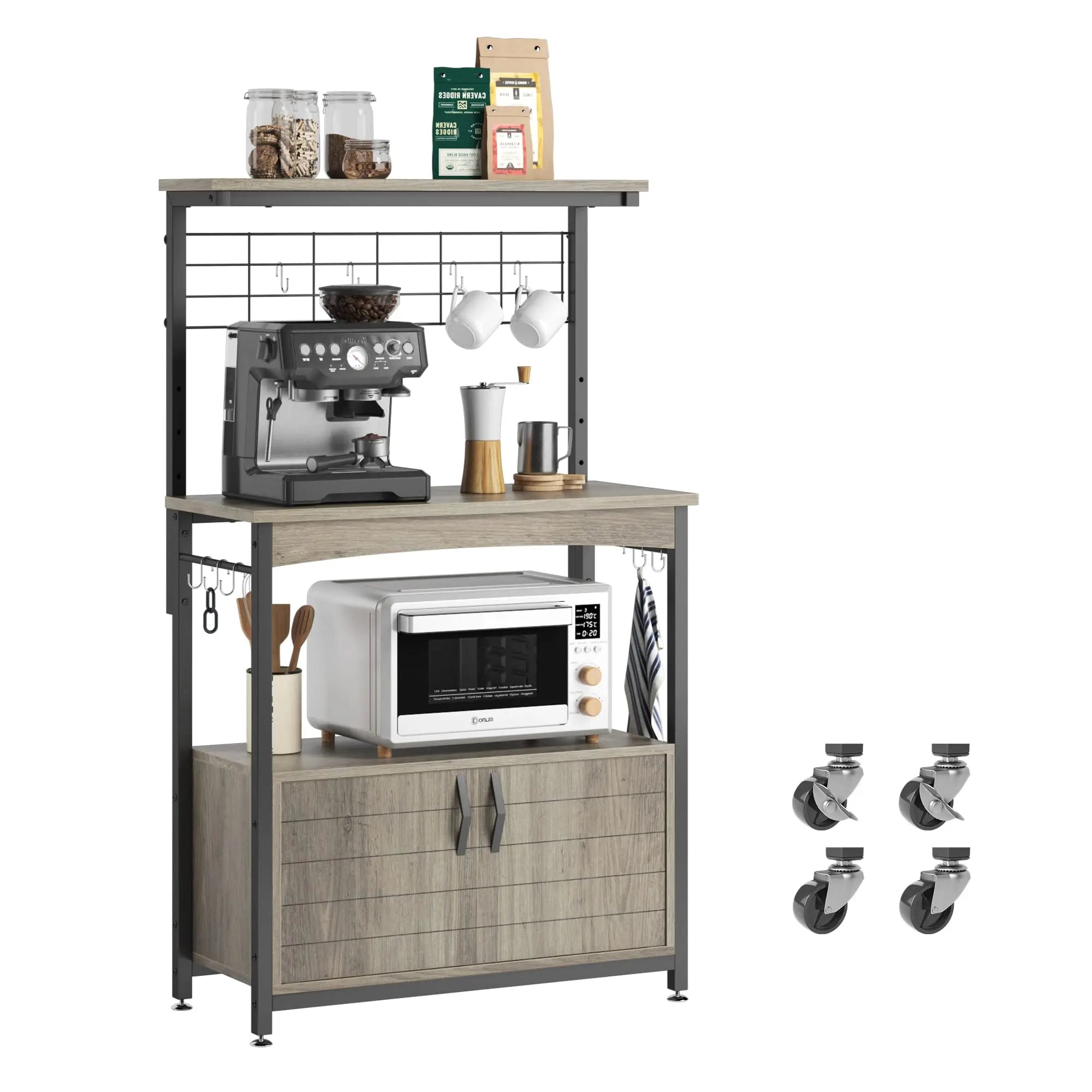 Microwave Stand of Grey Wash with Storage Cabinet Bakers Racks - Bestier